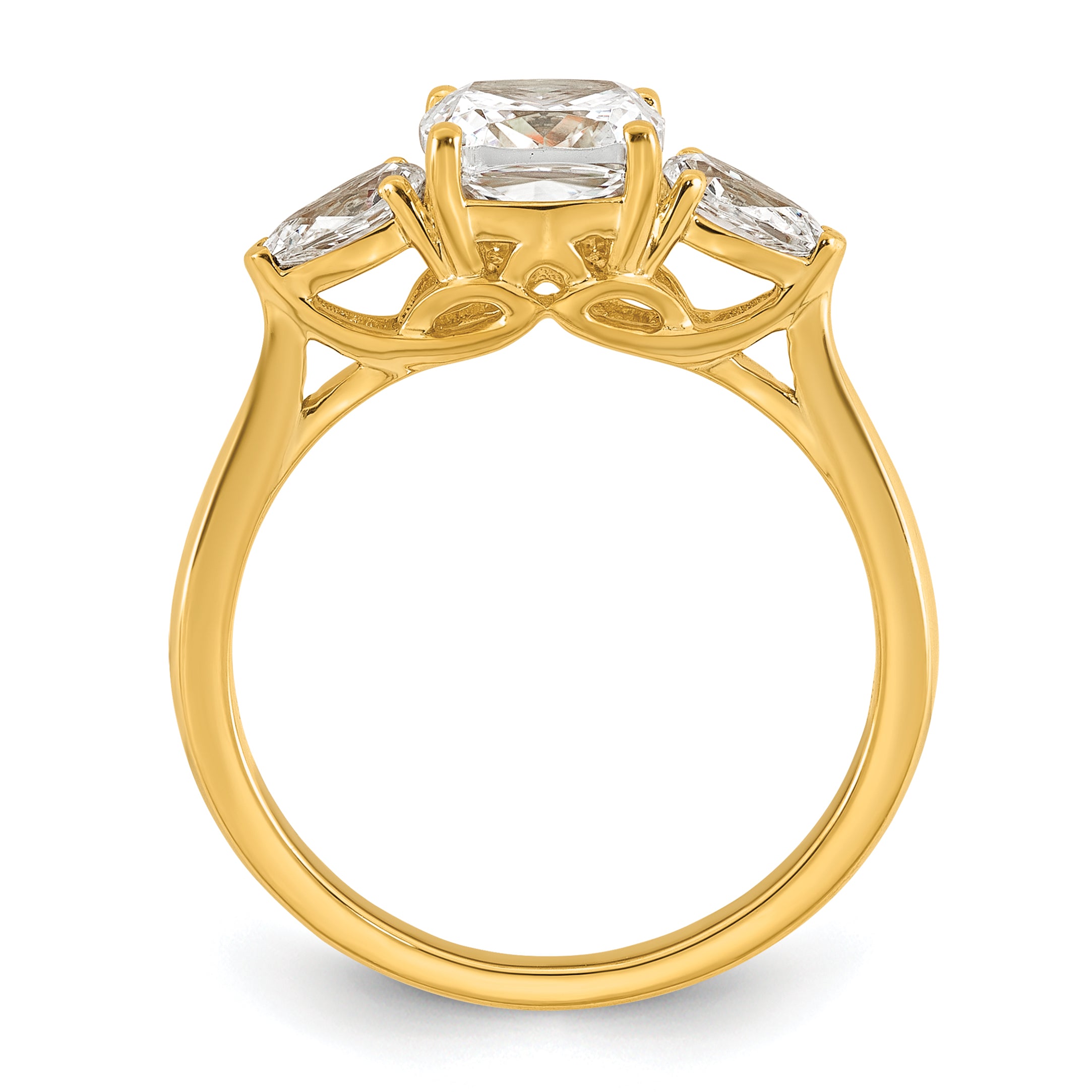 14k 2 carat Lab Grown Diamond VS+ F+ Complete Cushion and Pear Three Stone Engagement Ring