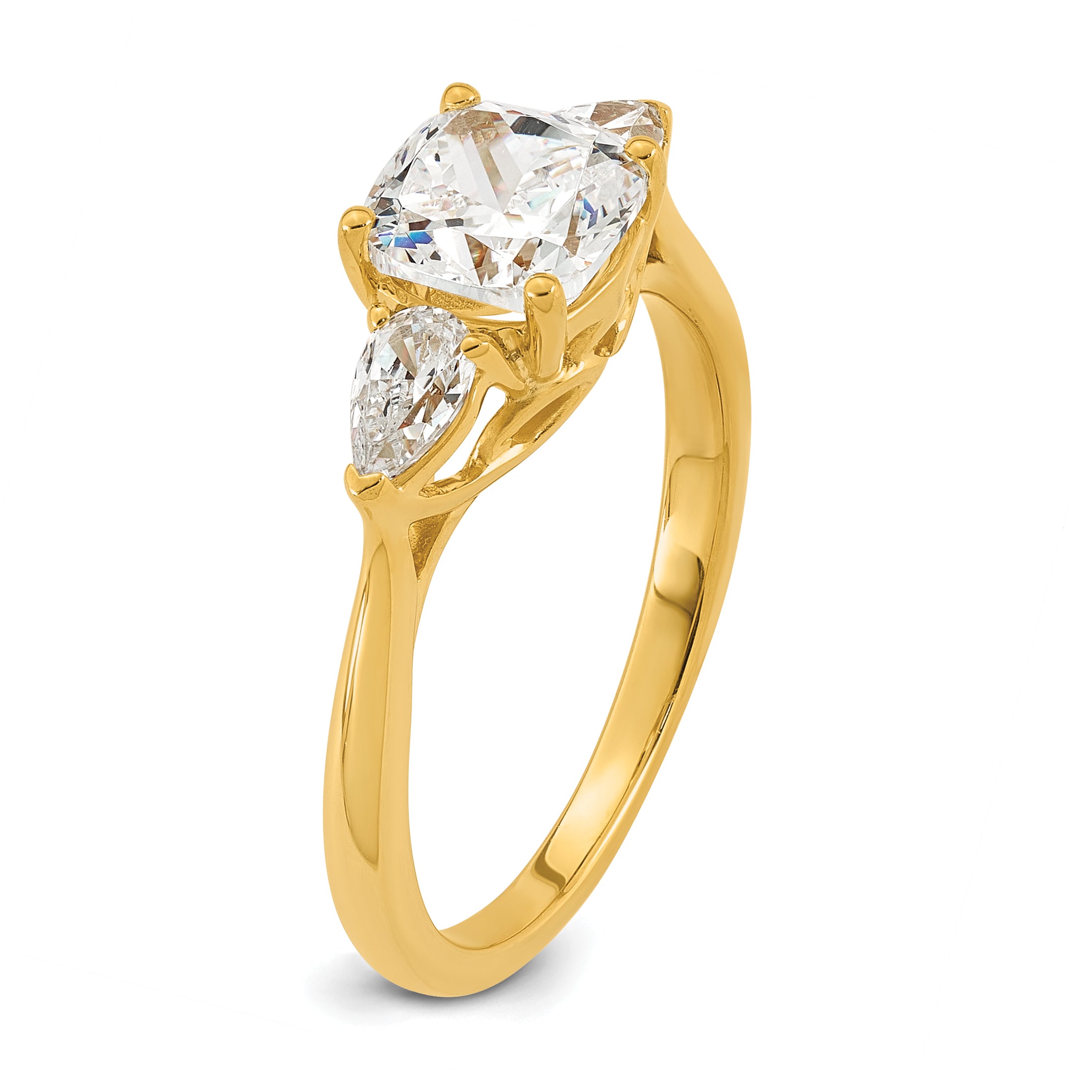 14k 2 carat Lab Grown Diamond VS+ F+ Complete Cushion and Pear Three Stone Engagement Ring