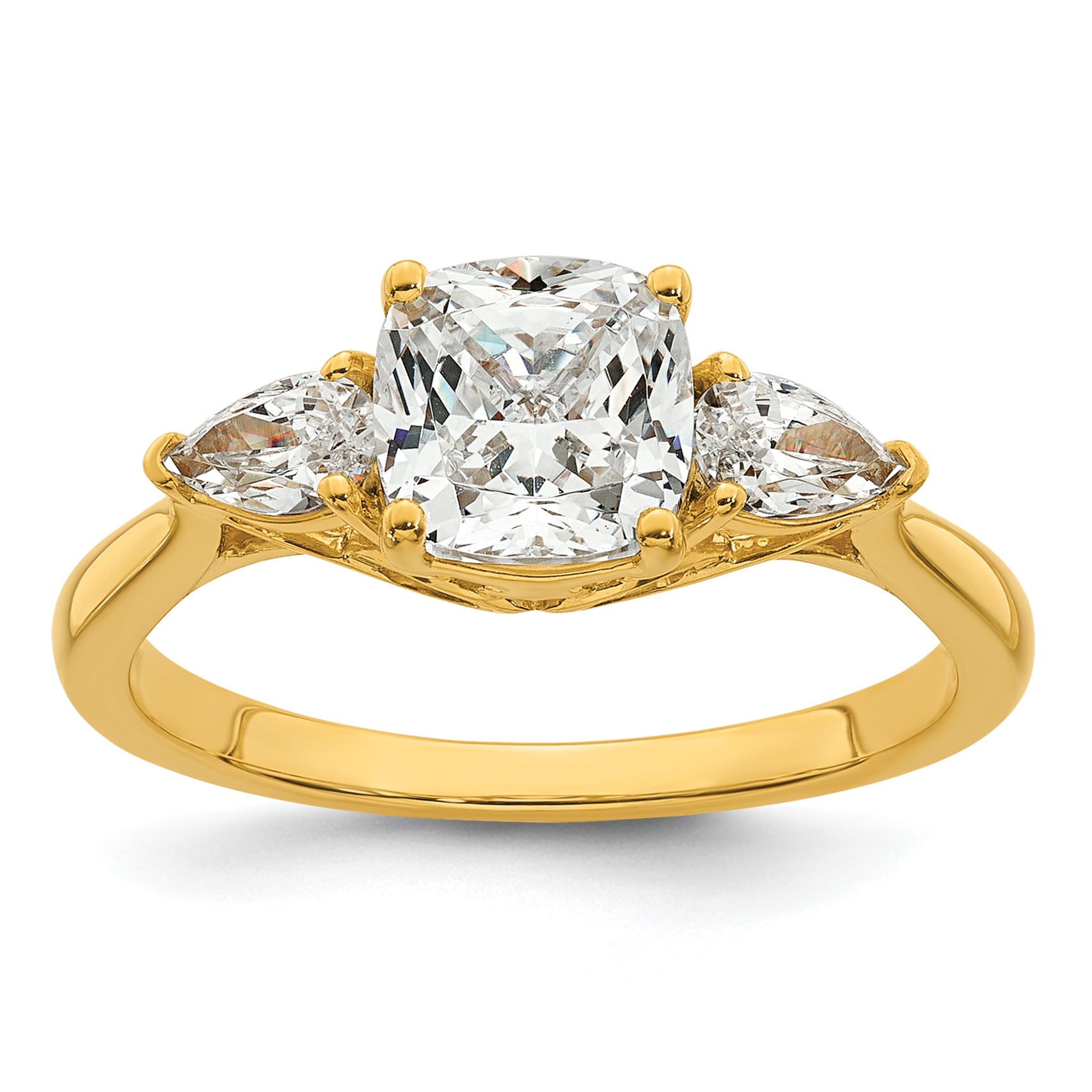 14k 2 carat Lab Grown Diamond VS+ F+ Complete Cushion and Pear Three Stone Engagement Ring