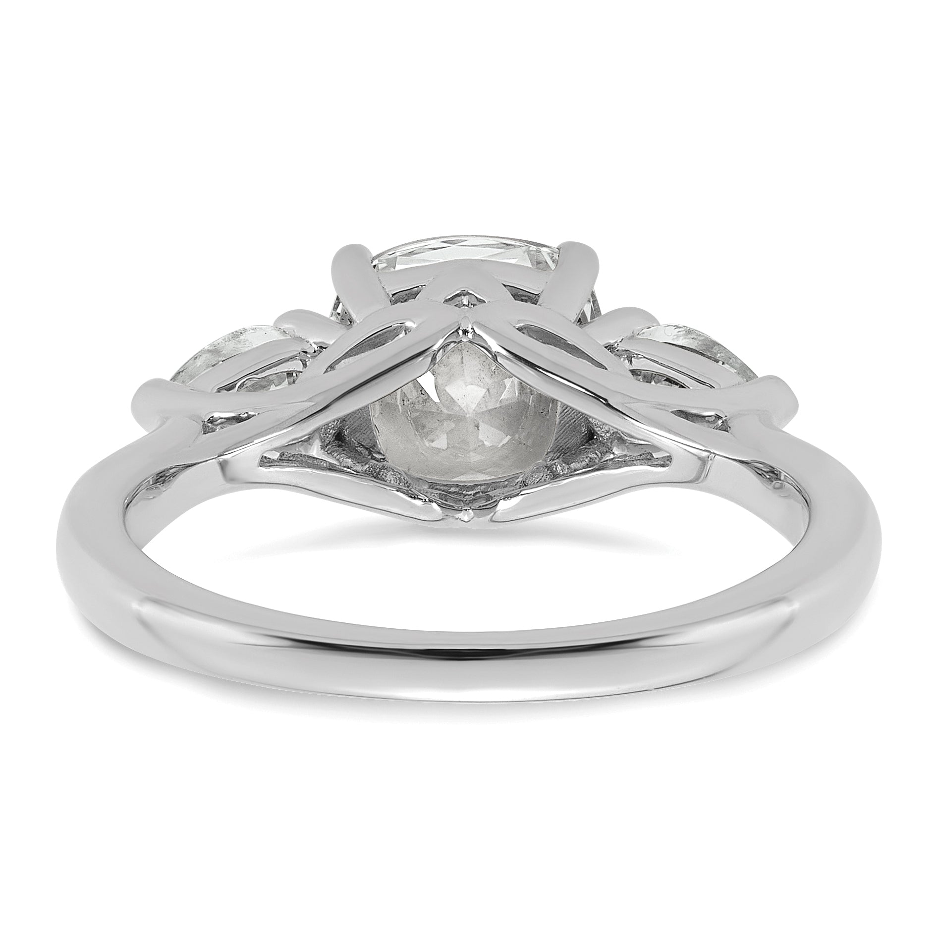 14k White Gold 2 1/2 carat Lab Grown Diamond VS+ F+ Complete Cushion and Pear Three Stone Engagement Ring