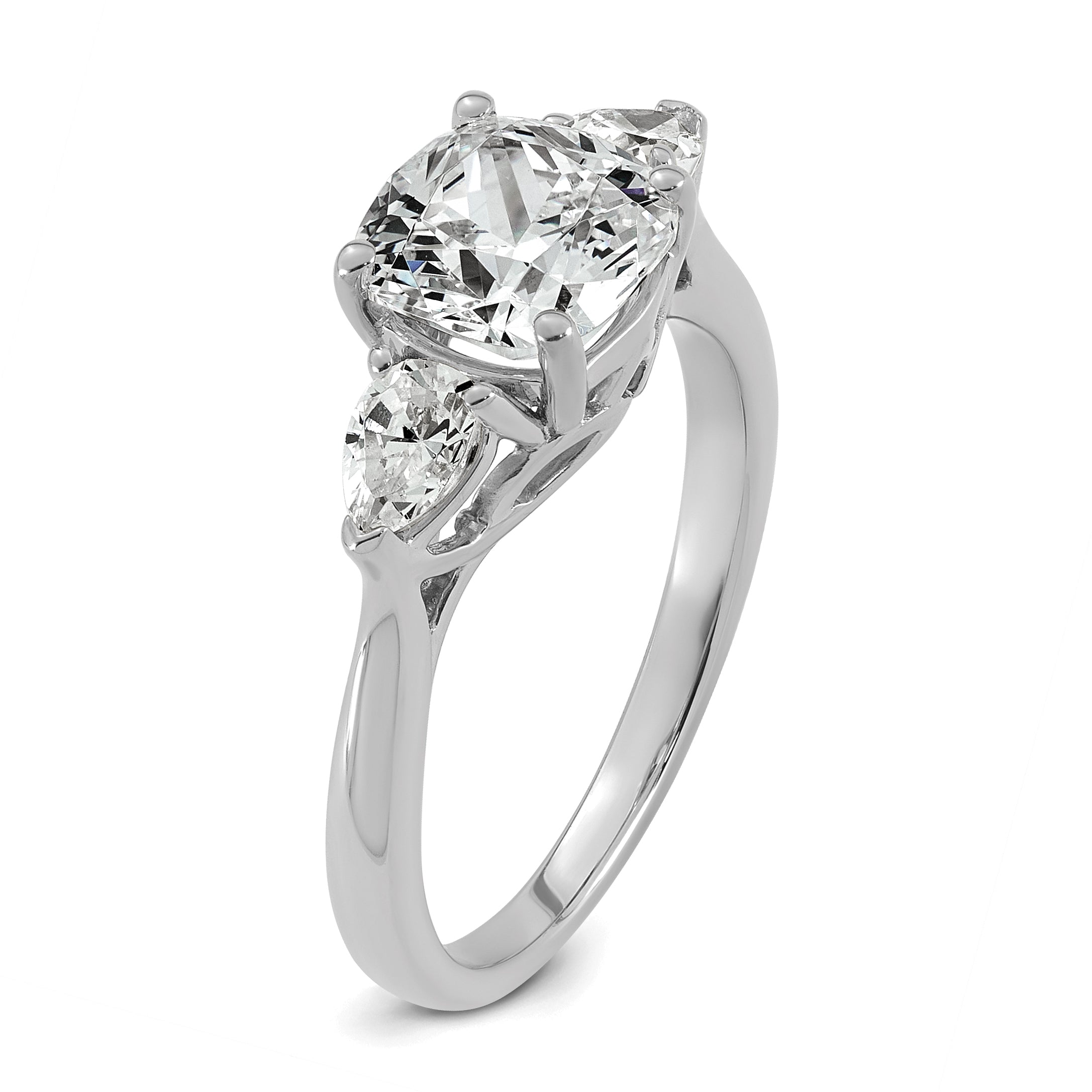 14k White Gold 2 1/2 carat Lab Grown Diamond VS+ F+ Complete Cushion and Pear Three Stone Engagement Ring