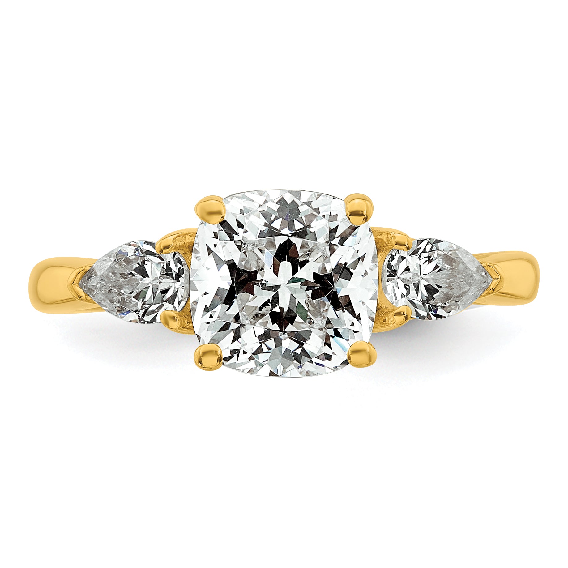 14k 2 1/2 carat Lab Grown Diamond VS+ F+ Complete Cushion and Pear Three Stone Engagement Ring