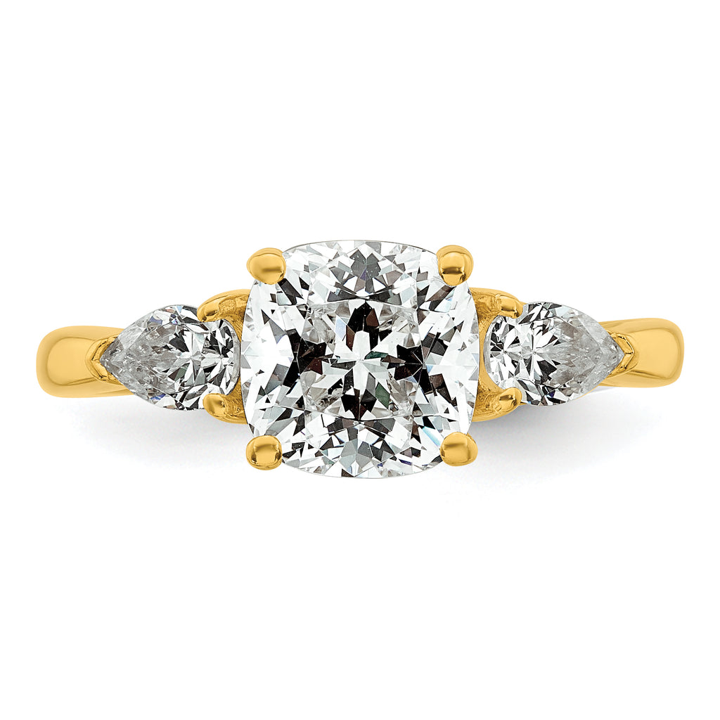 14k 2 1/2 carat Lab Grown Diamond VS+ F+ Complete Cushion and Pear Three Stone Engagement Ring