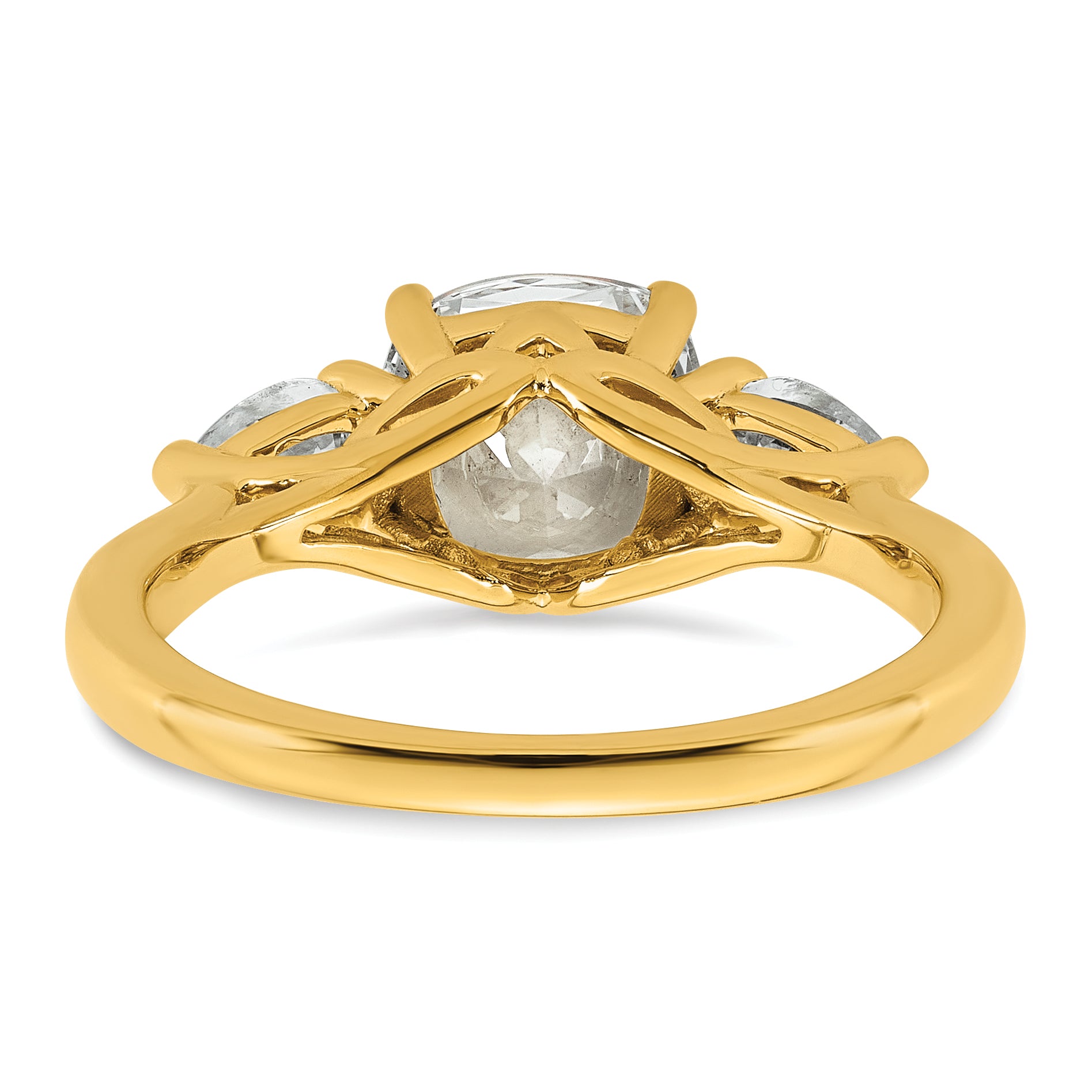 14k 2 1/2 carat Lab Grown Diamond VS+ F+ Complete Cushion and Pear Three Stone Engagement Ring