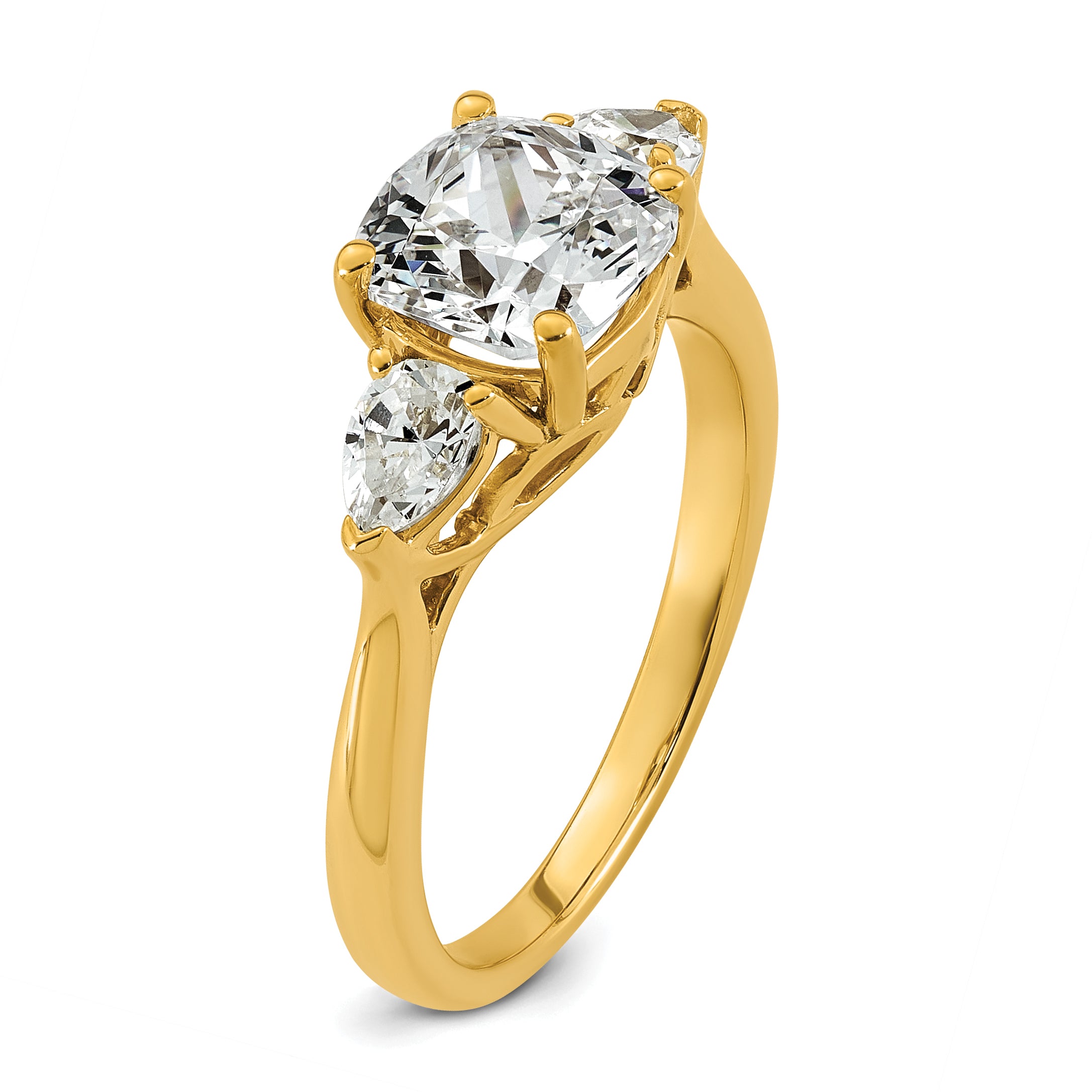 14k 2 1/2 carat Lab Grown Diamond VS+ F+ Complete Cushion and Pear Three Stone Engagement Ring