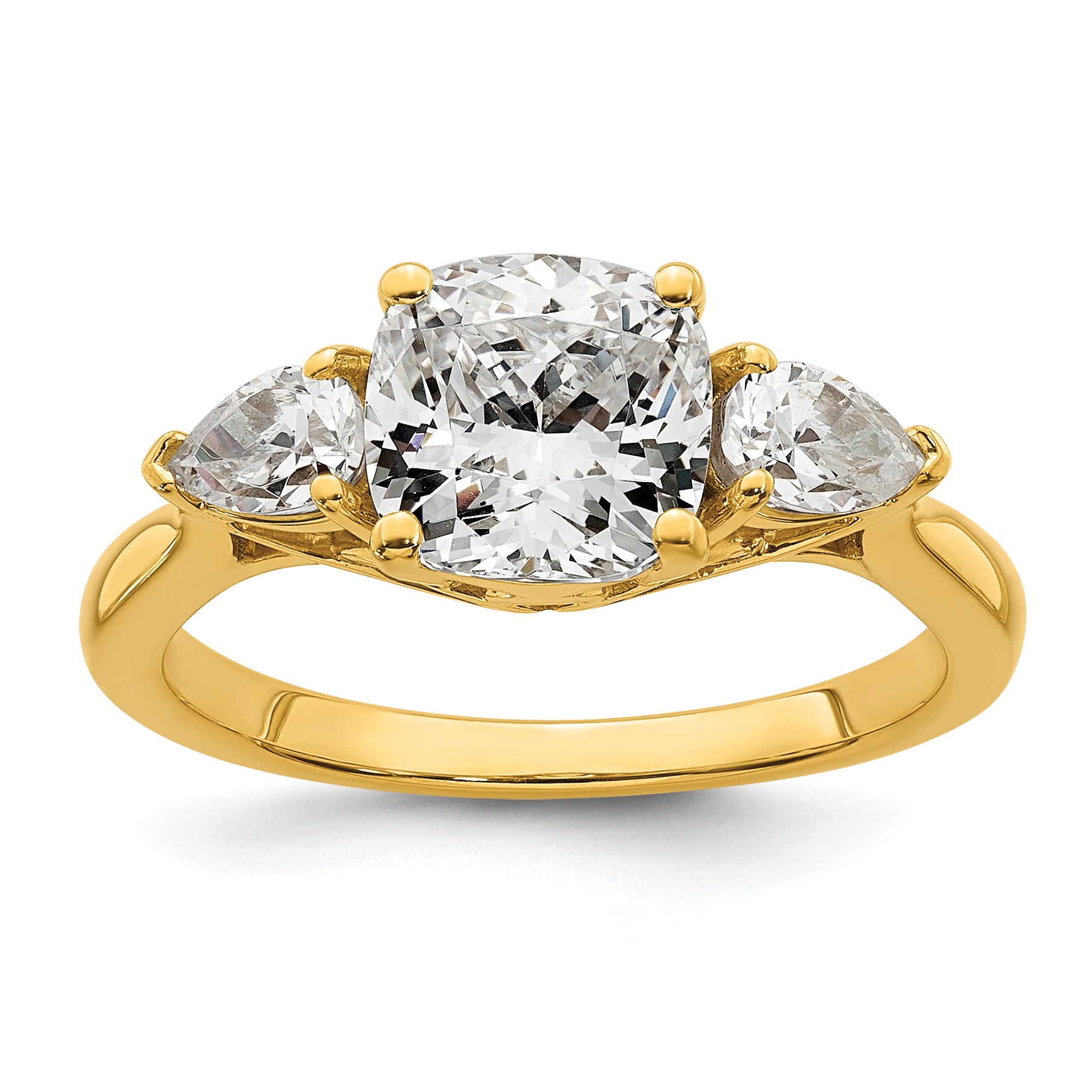 14k 2 1/2 carat Lab Grown Diamond VS+ F+ Complete Cushion and Pear Three Stone Engagement Ring