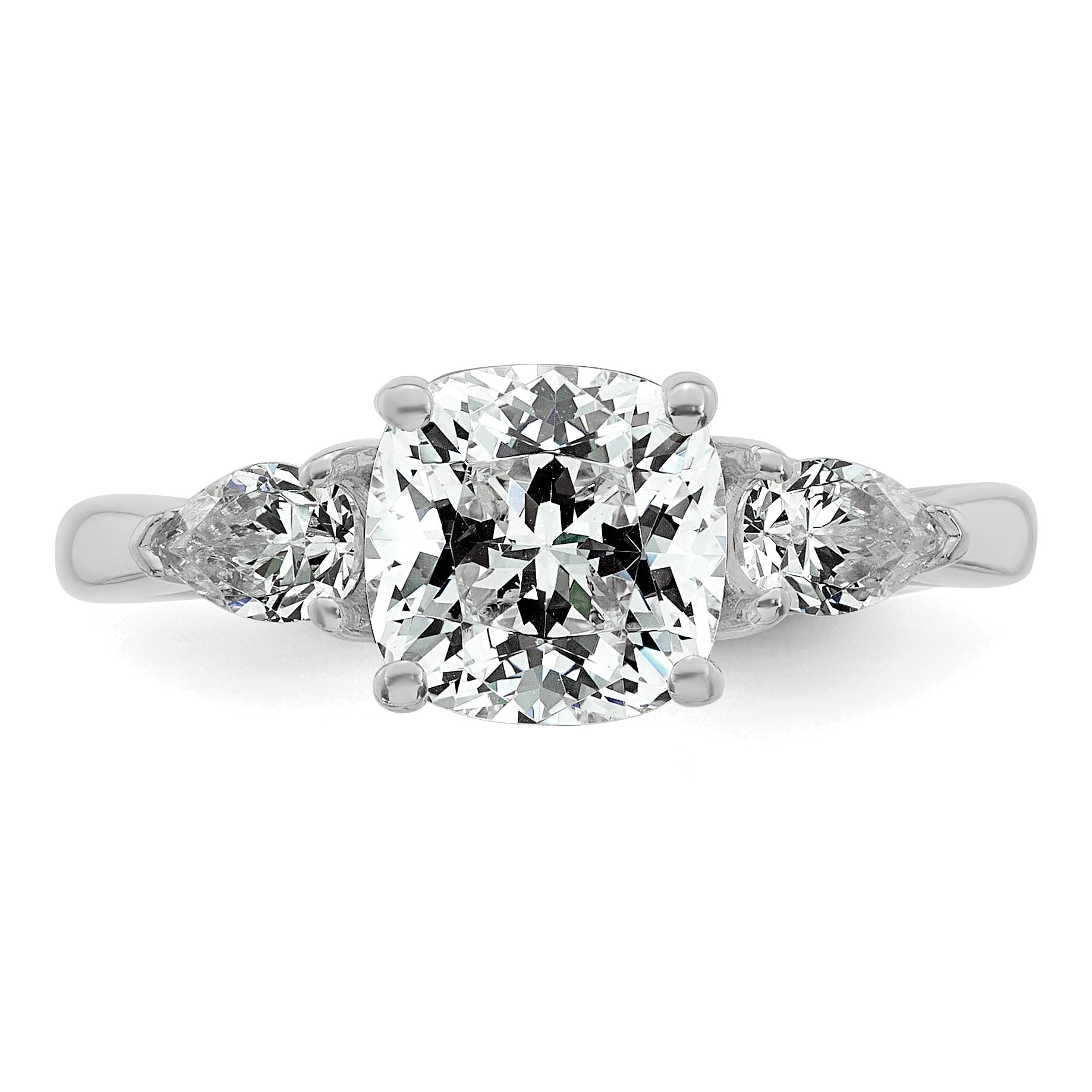 14k White Gold 2 1/2 carat Certified Lab Grown Diamond VS+ F+ Complete Cushion and Pear Three Stone Engagement Ring