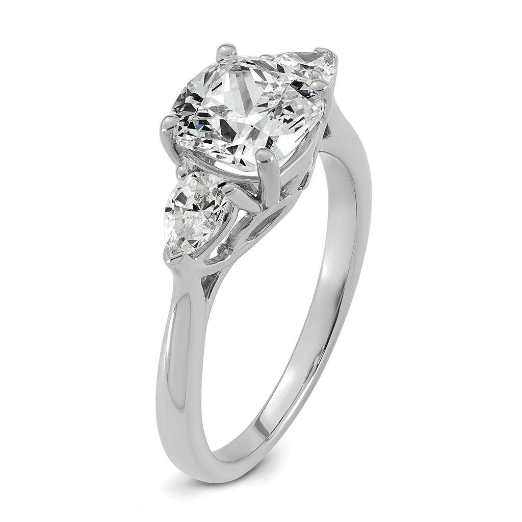 14k White Gold 2 1/2 carat Certified Lab Grown Diamond VS+ F+ Complete Cushion and Pear Three Stone Engagement Ring