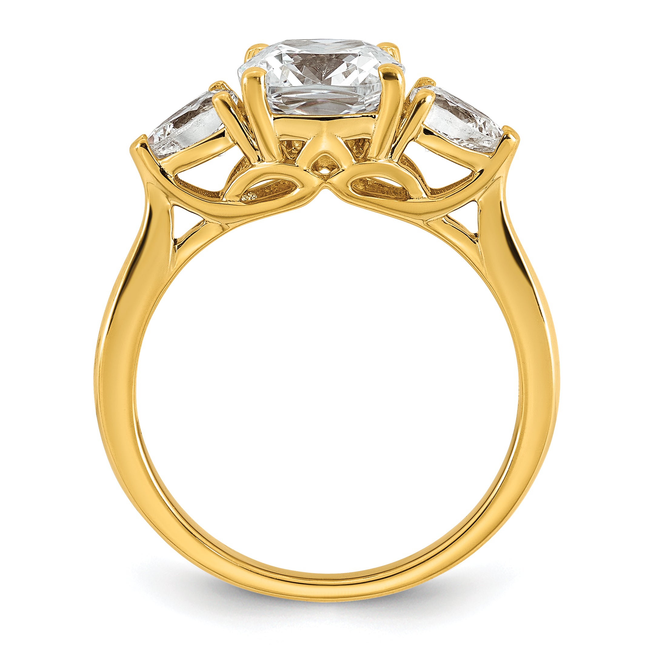 14k 2 1/2 carat Certified Lab Grown Diamond VS+ F+ Complete Cushion and Pear Three Stone Engagement Ring