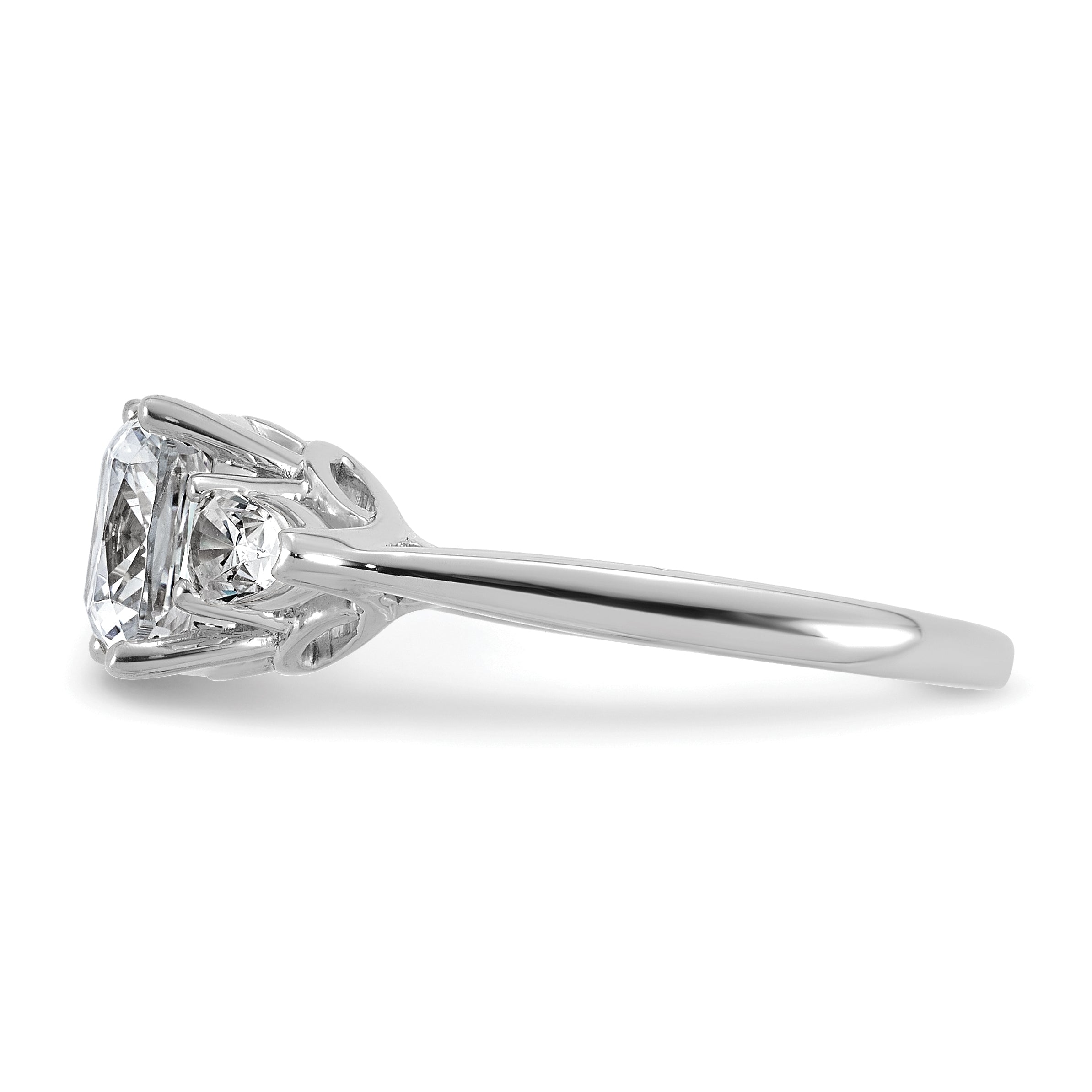 14k White Gold 3 carat Lab Grown Diamond VS+ F+ Complete Cushion and Pear Three Stone Engagement Ring