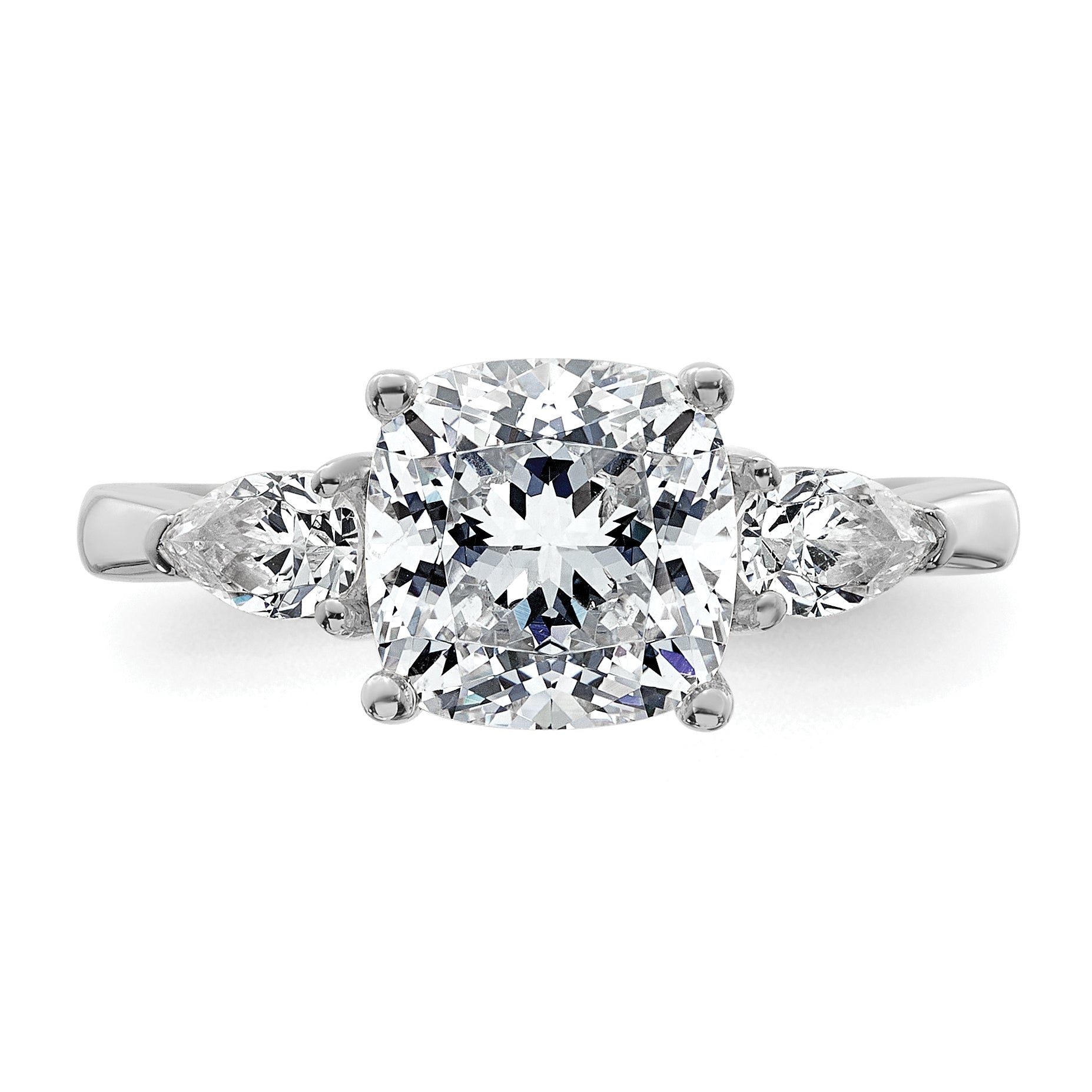 14k White Gold 3 carat Lab Grown Diamond VS+ F+ Complete Cushion and Pear Three Stone Engagement Ring