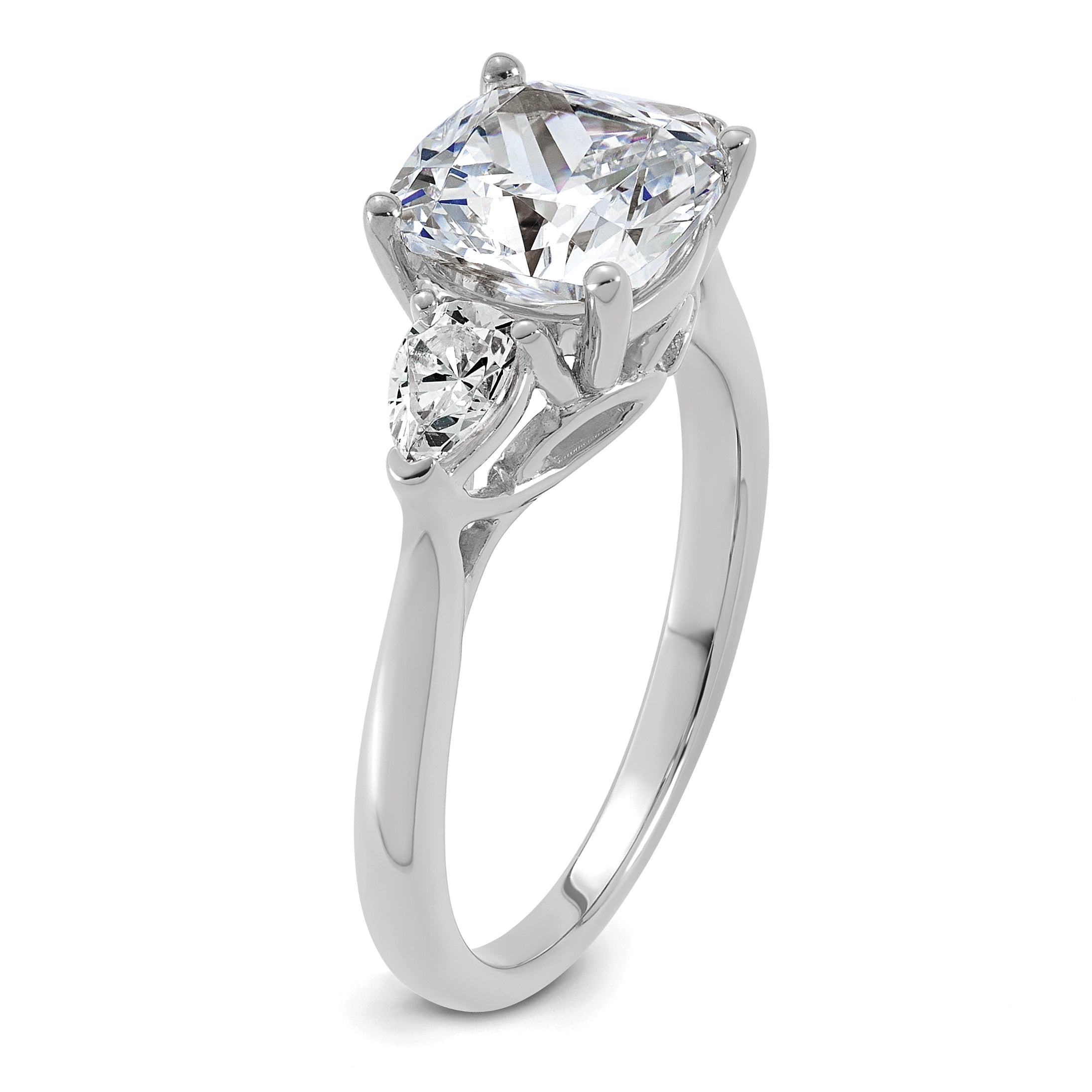 14k White Gold 3 carat Lab Grown Diamond VS+ F+ Complete Cushion and Pear Three Stone Engagement Ring
