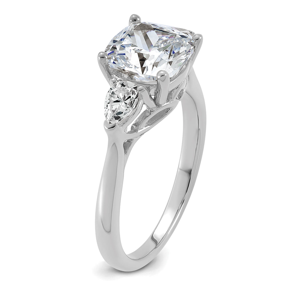 14k White Gold 3 carat Lab Grown Diamond VS+ F+ Complete Cushion and Pear Three Stone Engagement Ring