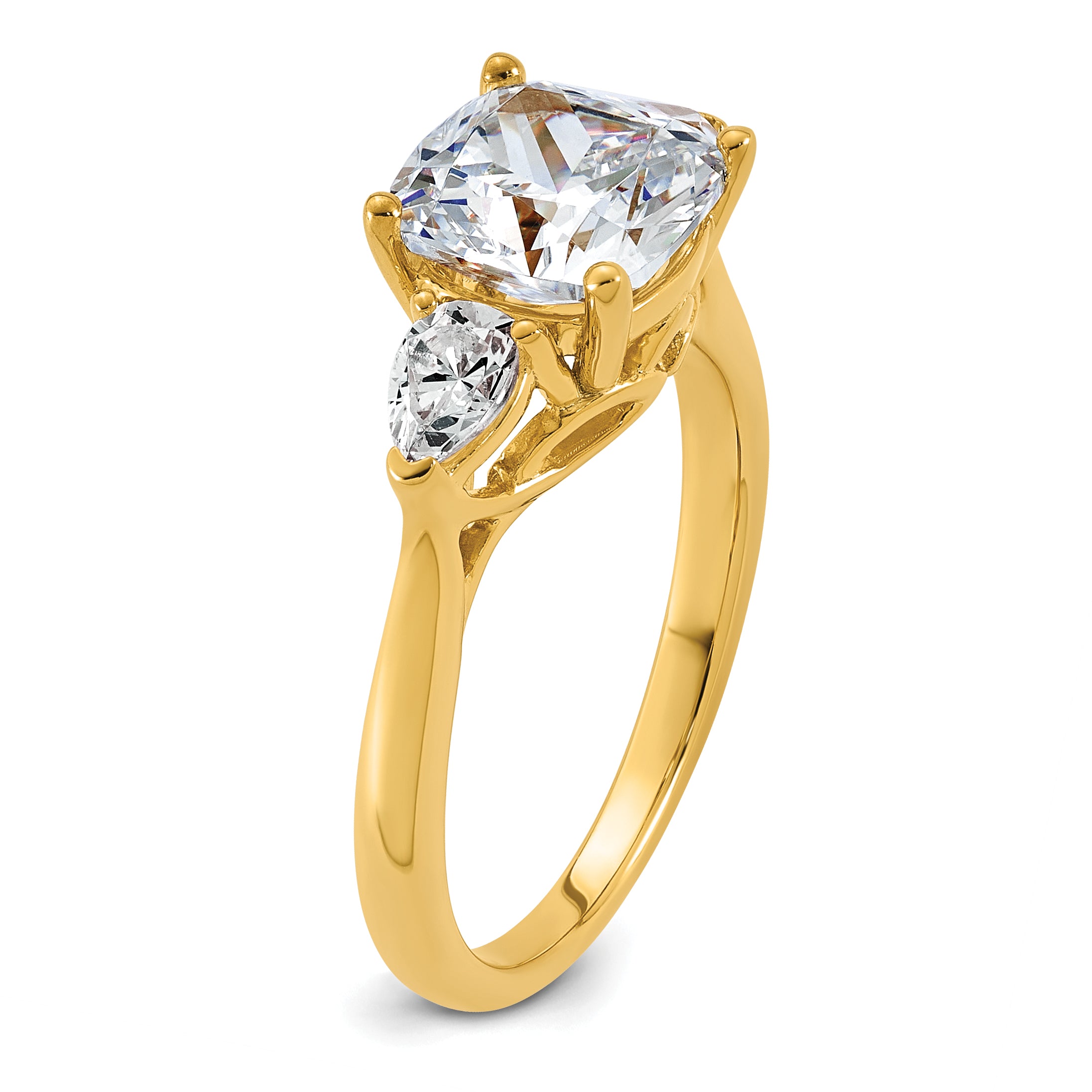 14k 3 carat Lab Grown Diamond VS+ F+ Complete Cushion and Pear Three Stone Engagement Ring