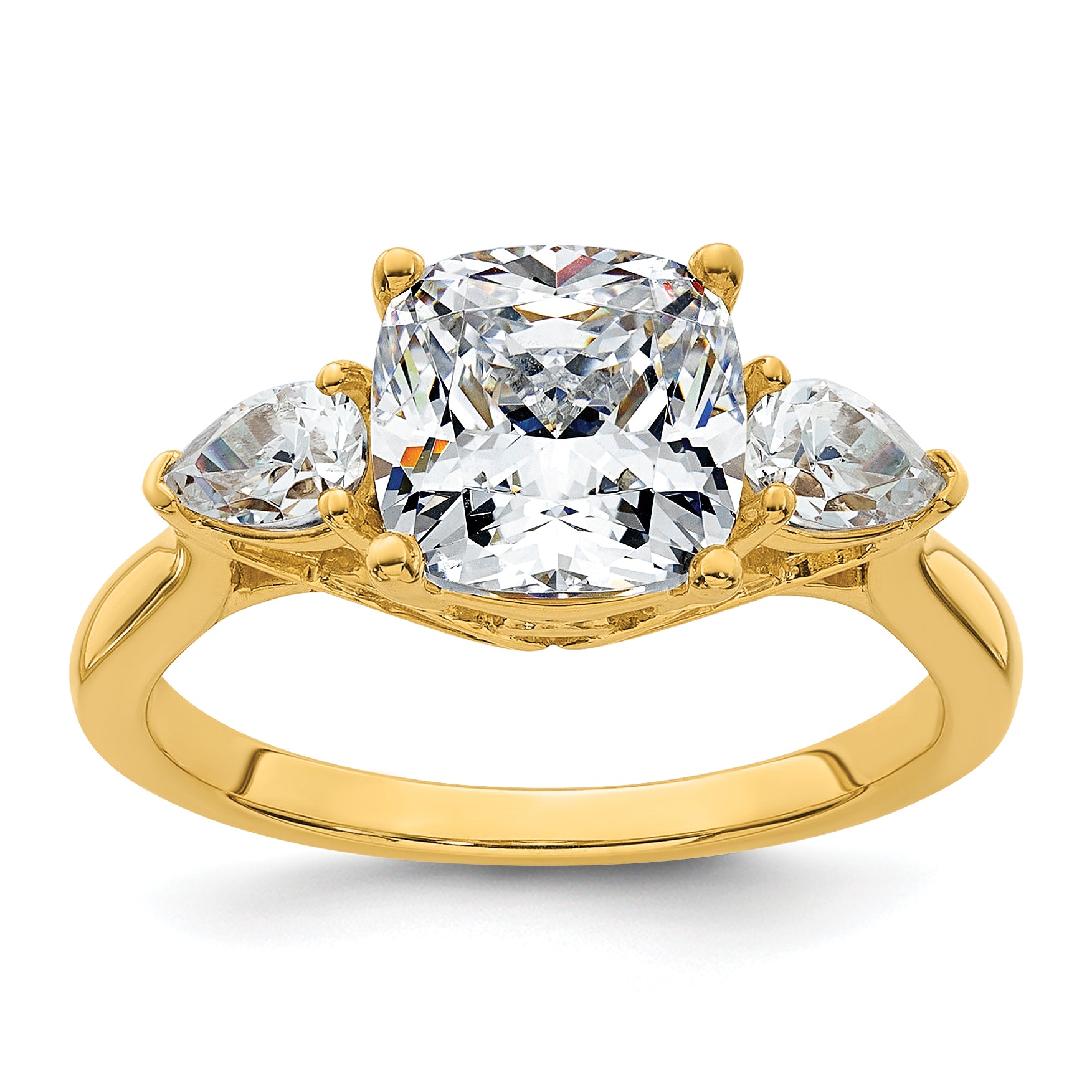 14k 3 carat Lab Grown Diamond VS+ F+ Complete Cushion and Pear Three Stone Engagement Ring