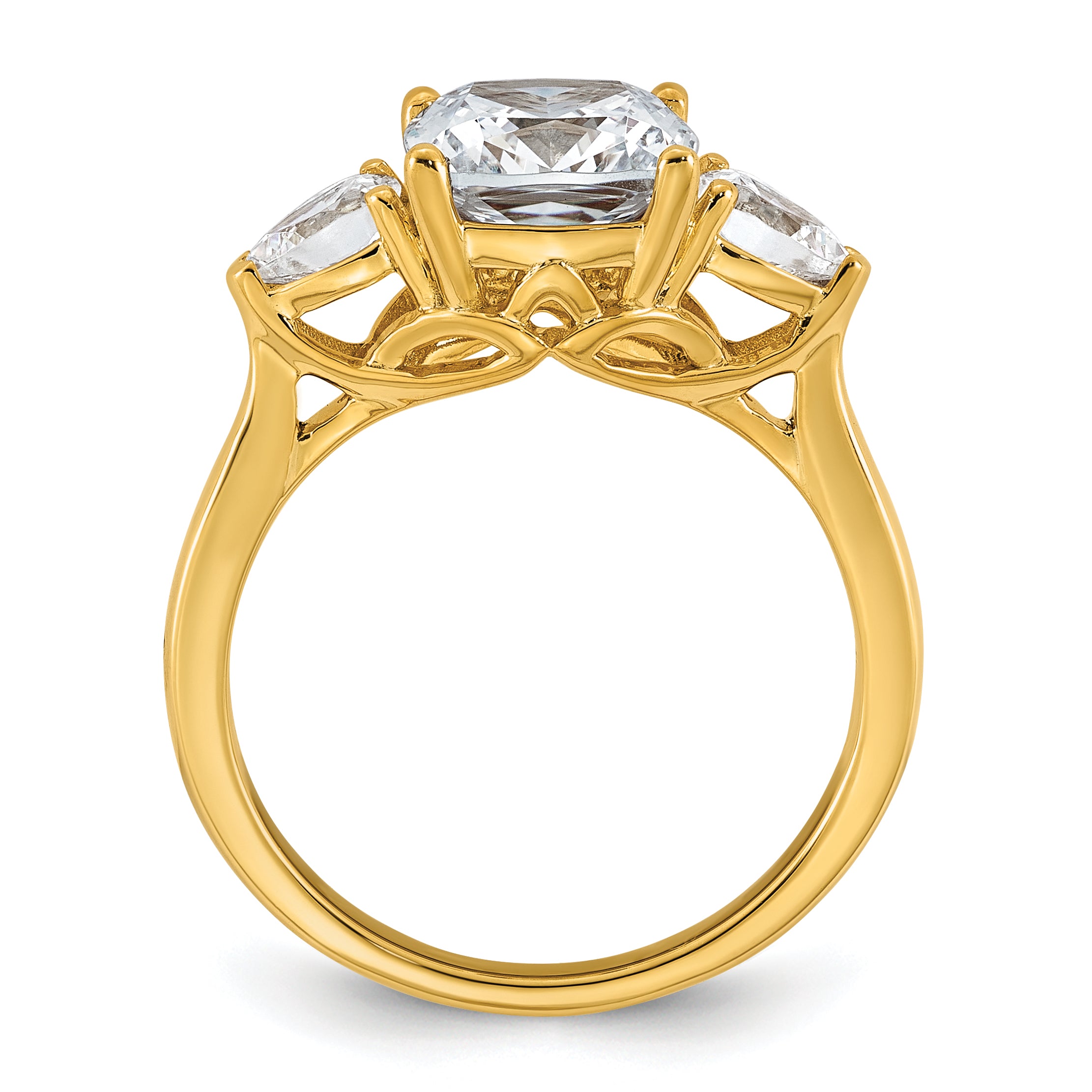 14k 3 carat Certified Lab Grown Diamond VS+ F+ Complete Cushion and Pear Three Stone Engagement Ring