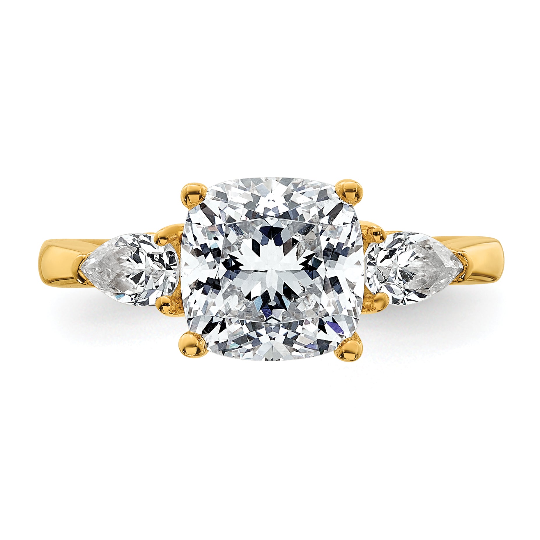 14k 3 carat Certified Lab Grown Diamond VS+ F+ Complete Cushion and Pear Three Stone Engagement Ring