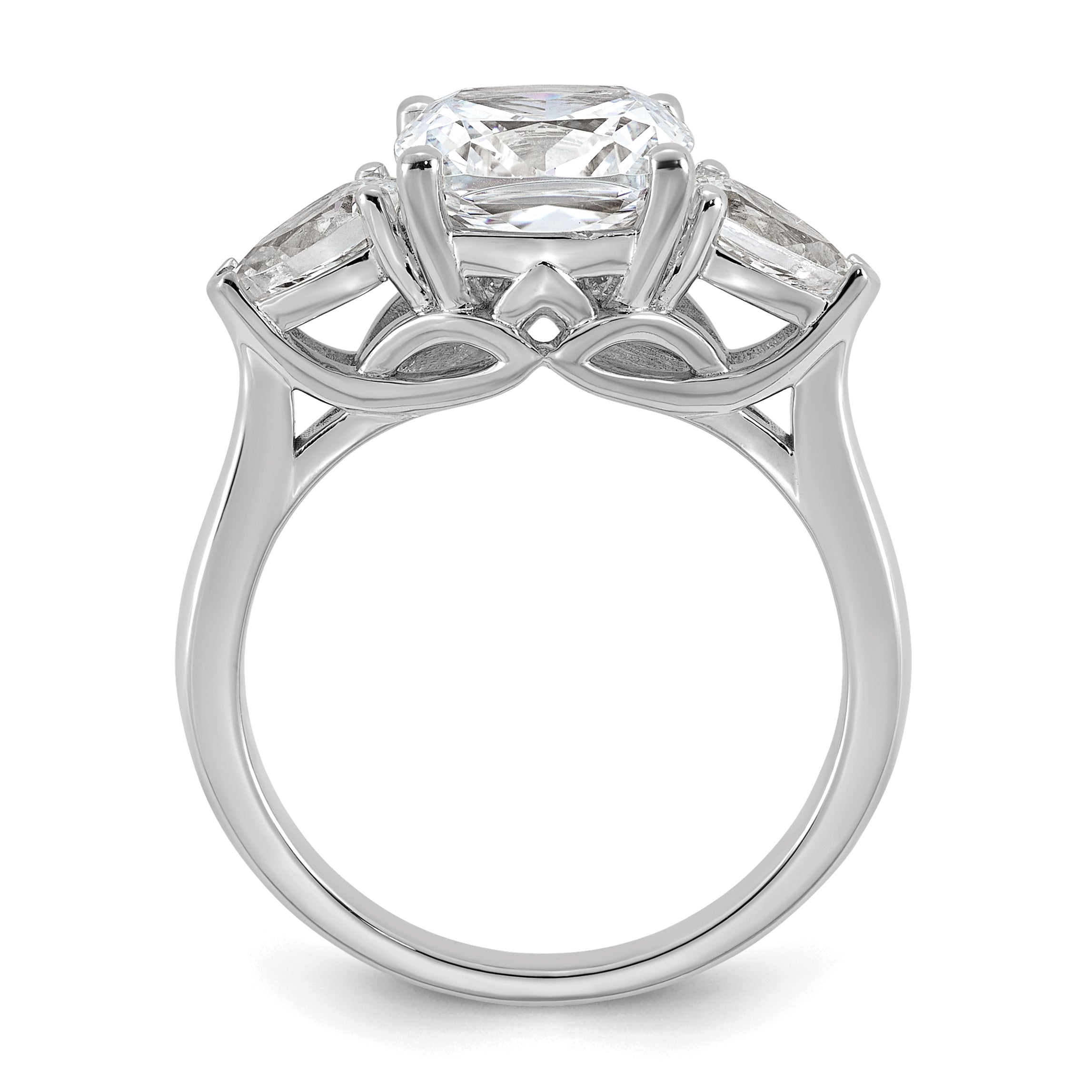 14k White Gold 3 5/8 carat Lab Grown Diamond VS+ F+ Complete Cushion and Pear Three Stone Engagement Ring