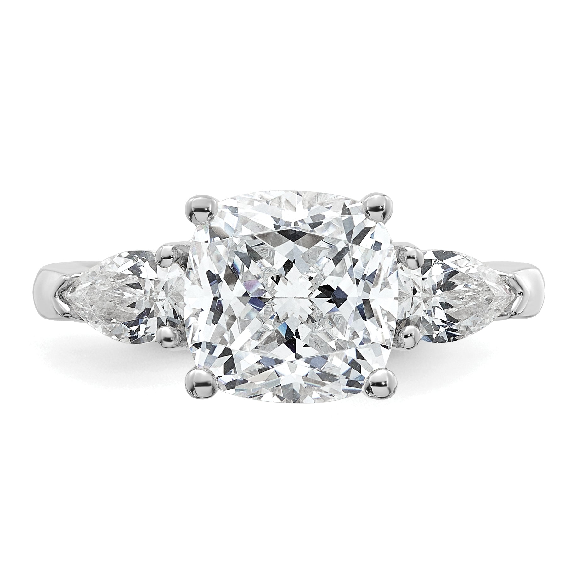 14k White Gold 3 5/8 carat Lab Grown Diamond VS+ F+ Complete Cushion and Pear Three Stone Engagement Ring