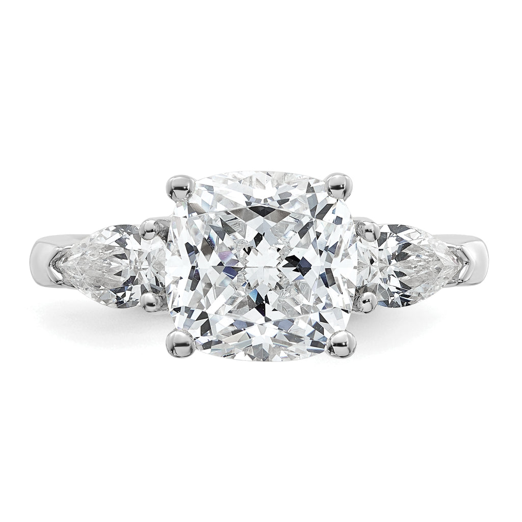 14k White Gold 3 5/8 carat Lab Grown Diamond VS+ F+ Complete Cushion and Pear Three Stone Engagement Ring