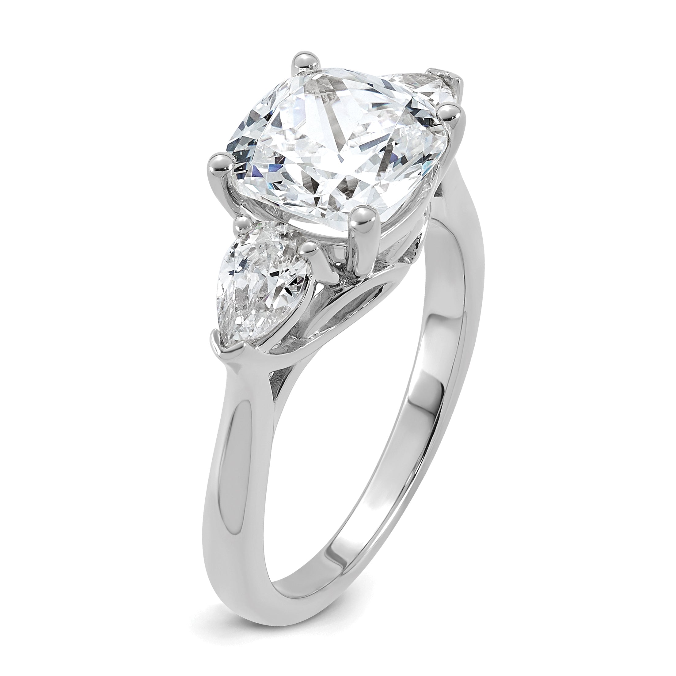 14k White Gold 3 5/8 carat Lab Grown Diamond VS+ F+ Complete Cushion and Pear Three Stone Engagement Ring