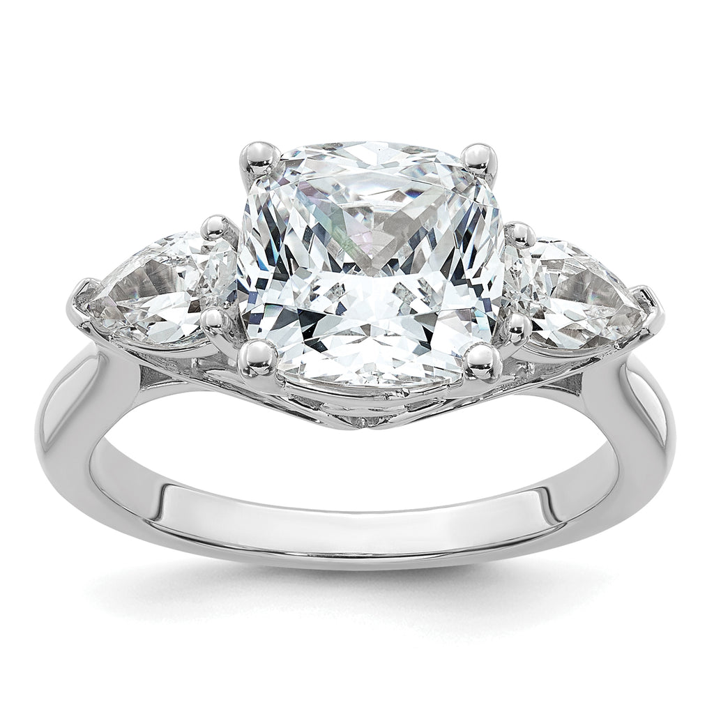 14k White Gold 3 5/8 carat Lab Grown Diamond VS+ F+ Complete Cushion and Pear Three Stone Engagement Ring