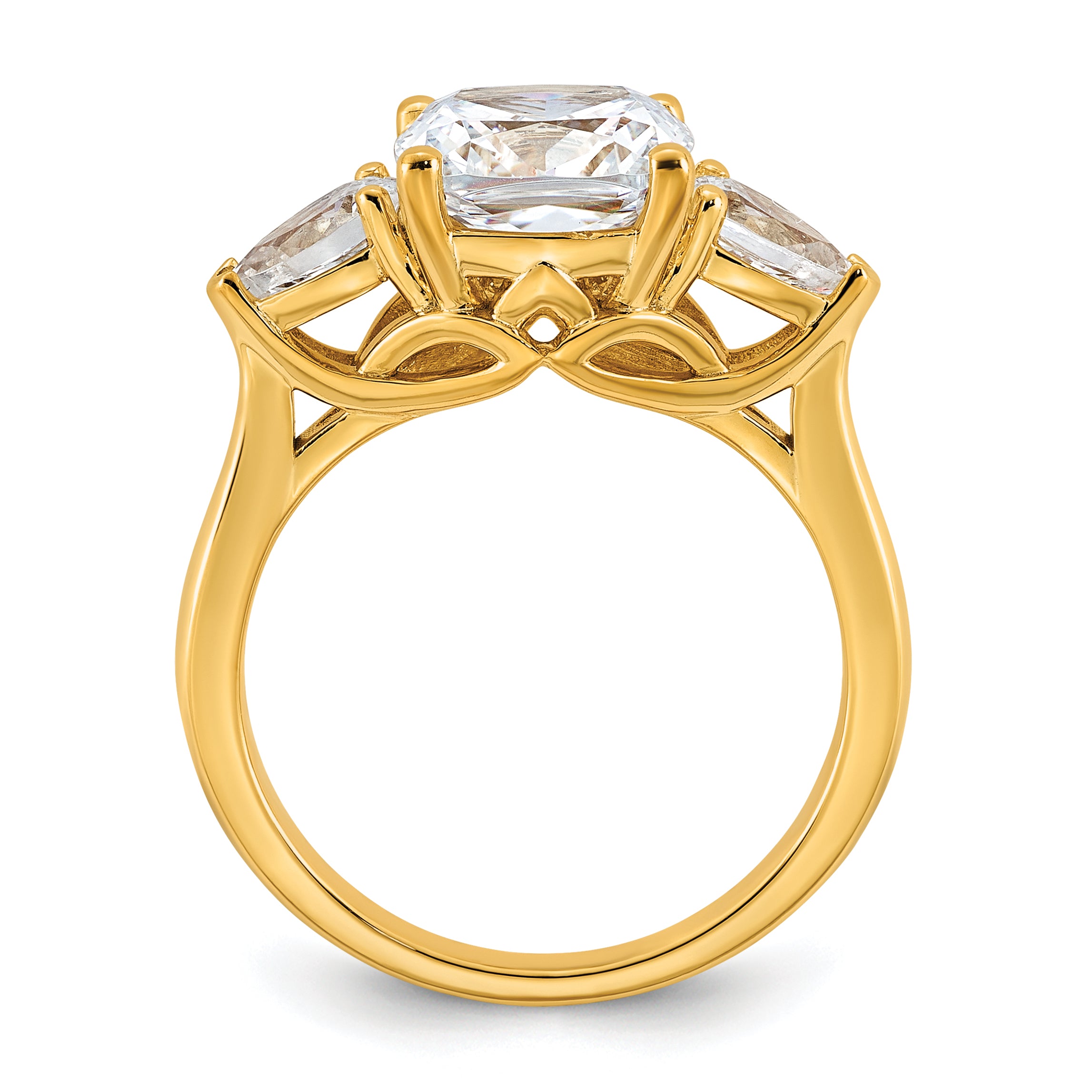 14k 3 5/8 carat Lab Grown Diamond VS+ F+ Complete Cushion and Pear Three Stone Engagement Ring