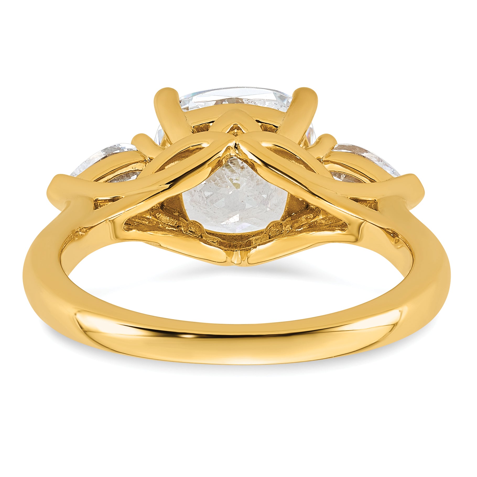 14k 3 5/8 carat Lab Grown Diamond VS+ F+ Complete Cushion and Pear Three Stone Engagement Ring
