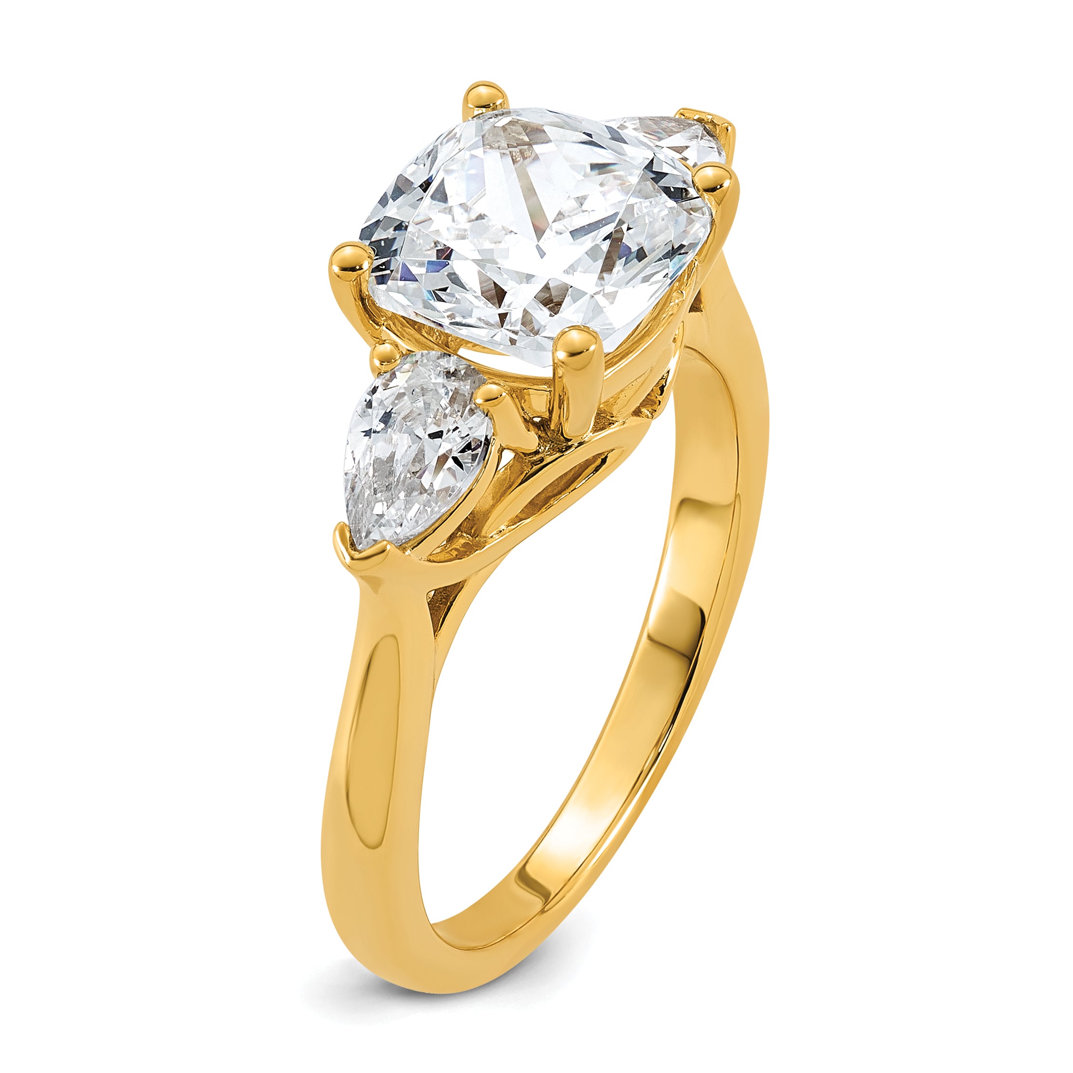 14k 3 5/8 carat Lab Grown Diamond VS+ F+ Complete Cushion and Pear Three Stone Engagement Ring