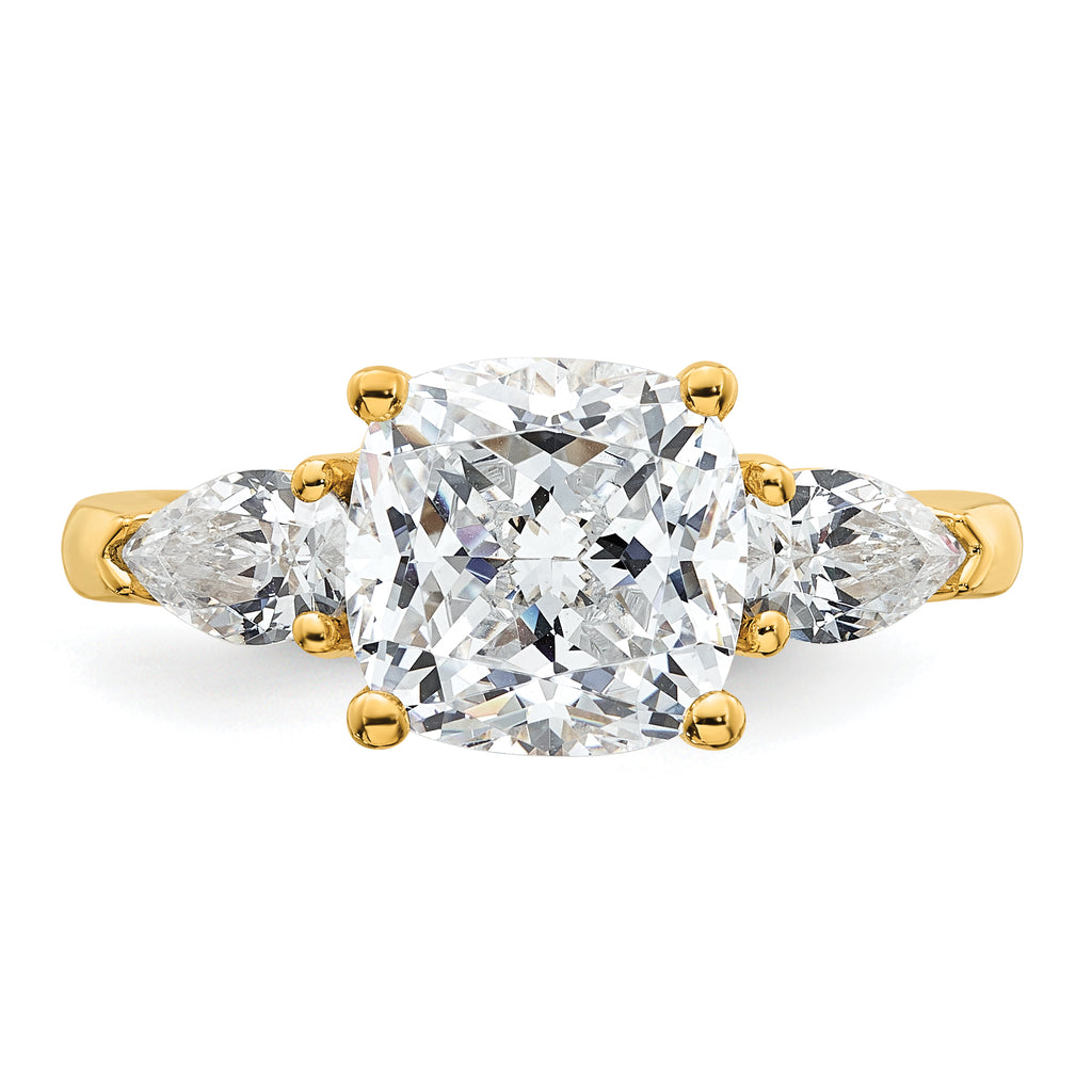 14k 3 5/8 carat Certified Lab Grown Diamond VS+ F+ Complete Cushion and Pear Three Stone Engagement Ring