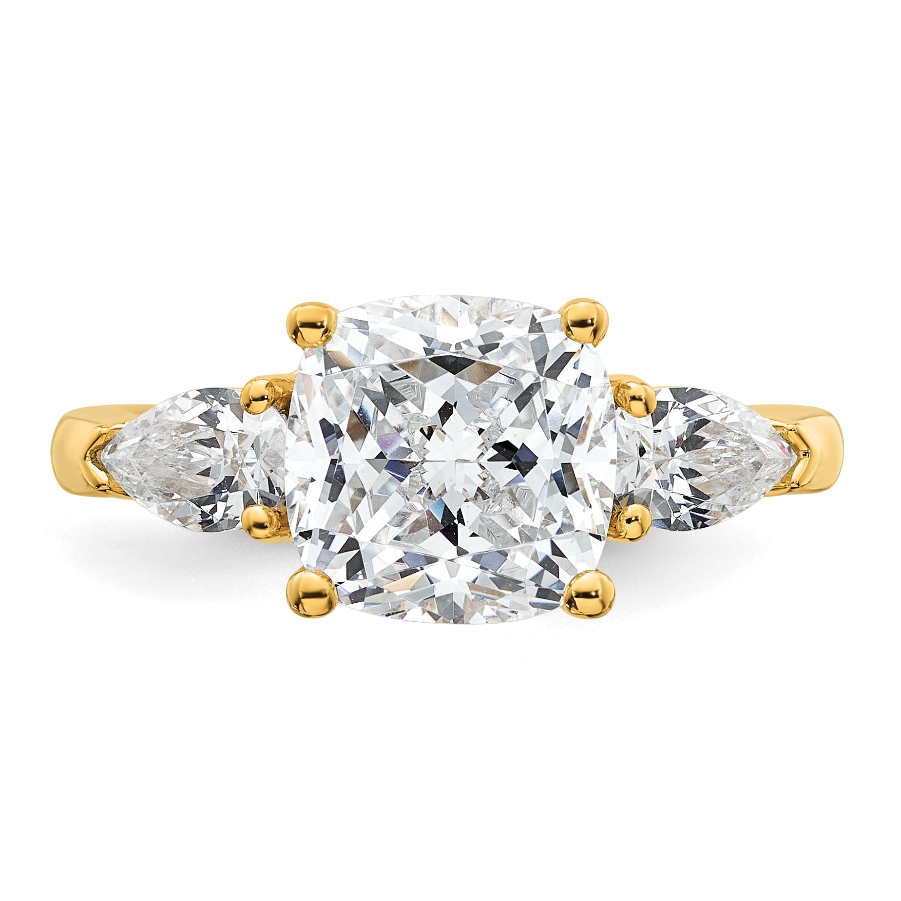 14k 3 5/8 carat Certified Lab Grown Diamond VS+ F+ Complete Cushion and Pear Three Stone Engagement Ring