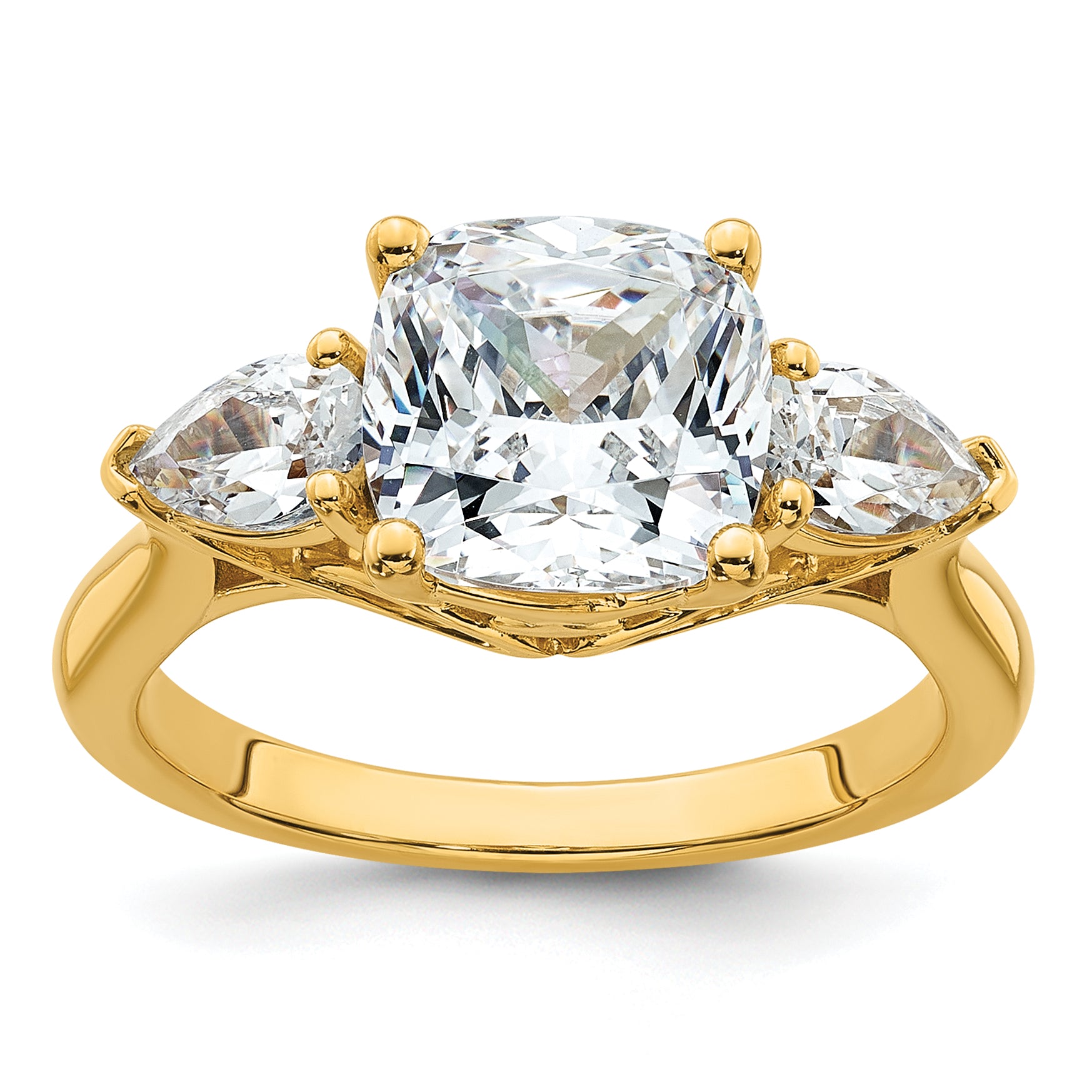 14k 3 5/8 carat Certified Lab Grown Diamond VS+ F+ Complete Cushion and Pear Three Stone Engagement Ring Main image