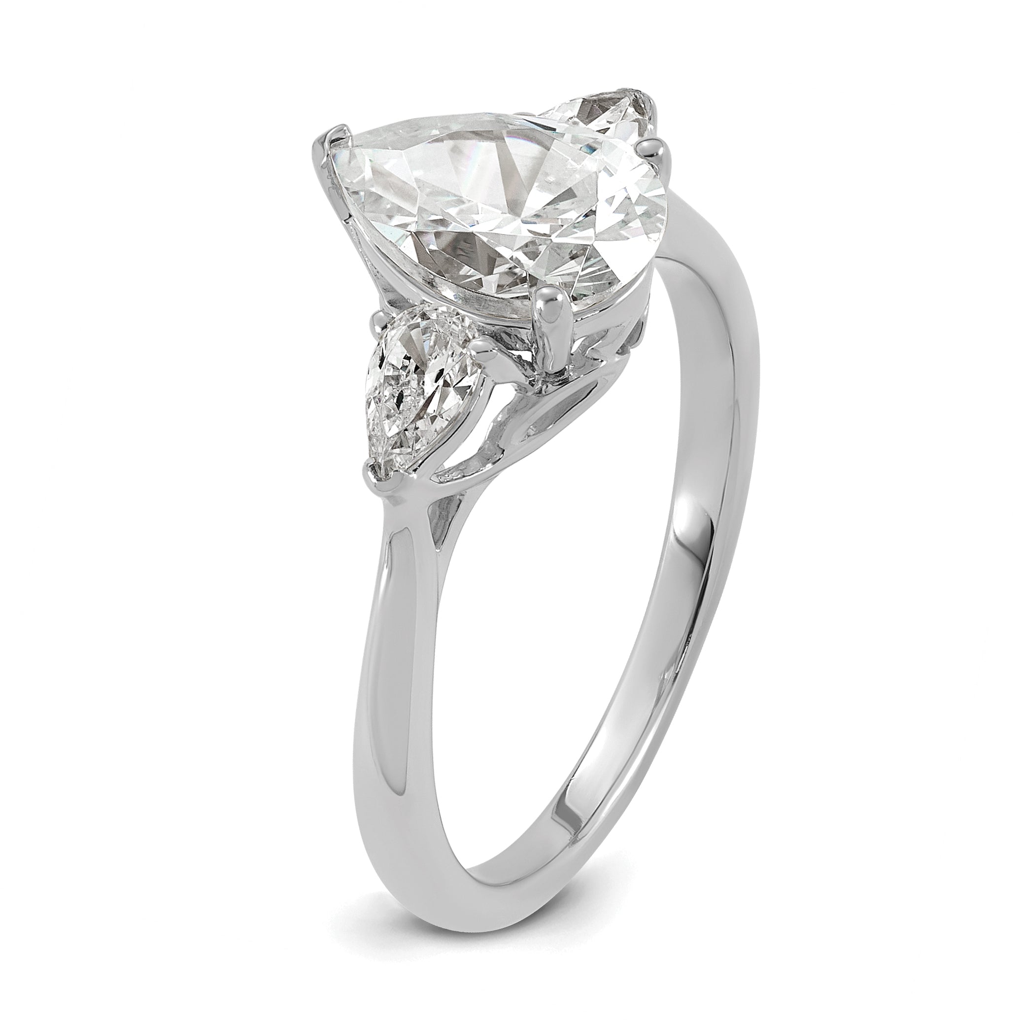 14k White Gold 1 7/8 carat Lab Grown Diamond VS+ F+ Pear Complete Three Stone Engagement Ring