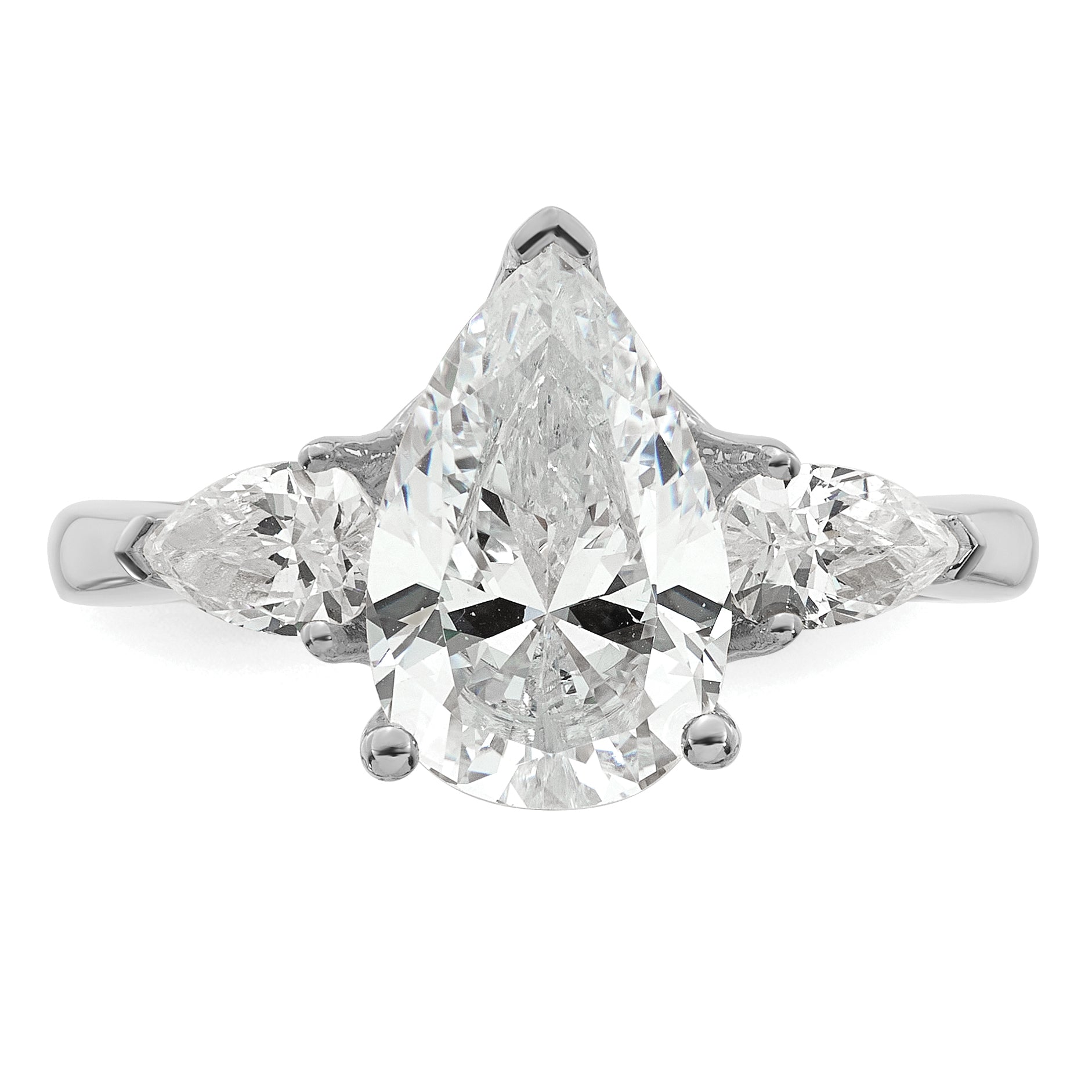 14k White Gold 2 1/2 carat Lab Grown Diamond VS+ F+ Pear Complete Three Stone Engagement Ring