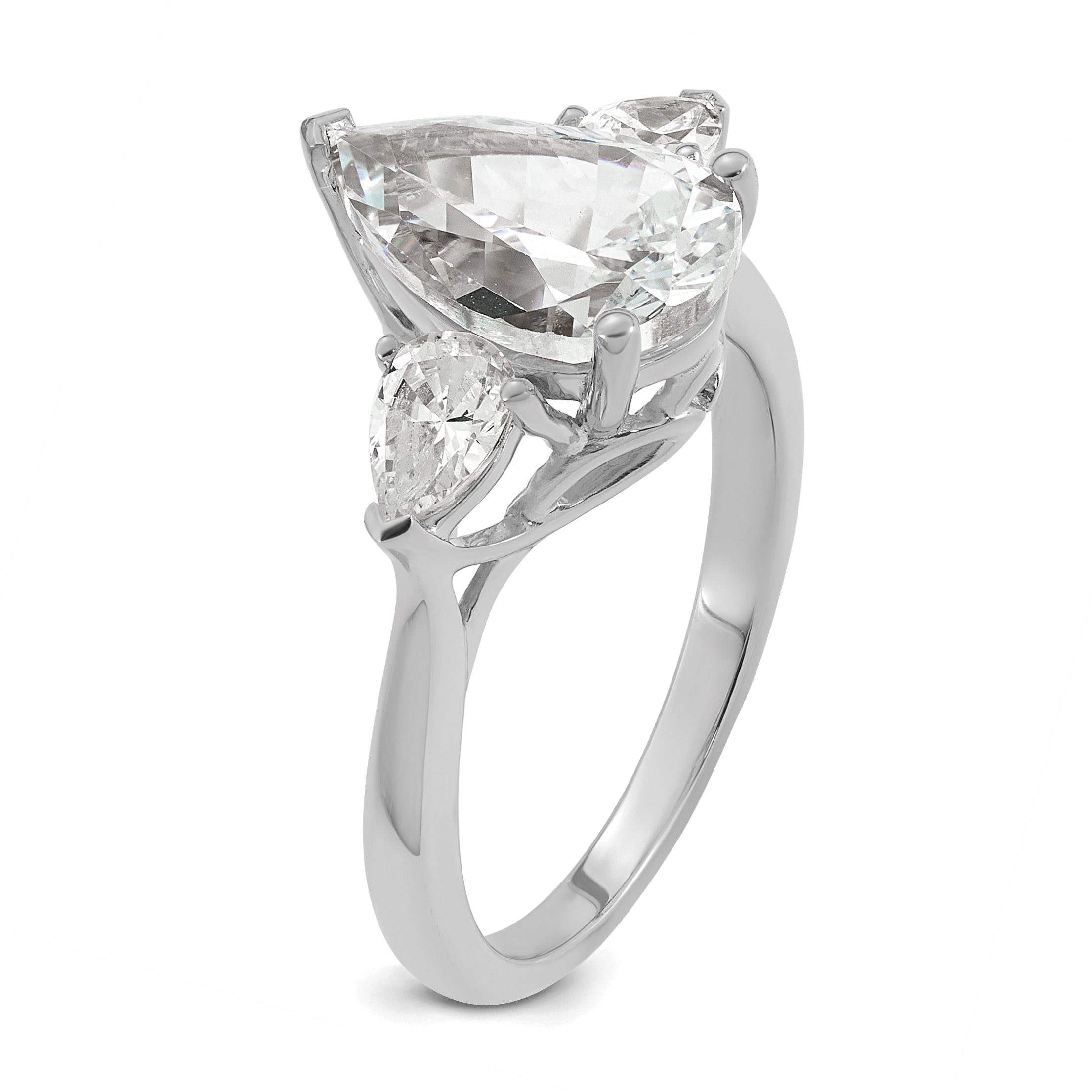 14k White Gold 2 1/2 carat Lab Grown Diamond VS+ F+ Pear Complete Three Stone Engagement Ring