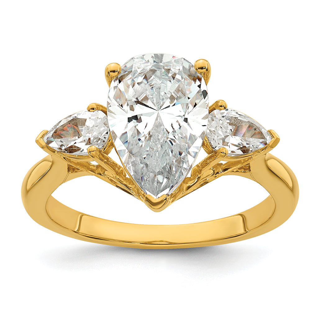 14k 2 1/2 carat Lab Grown Diamond VS+ F+ Pear Complete Three Stone Engagement Ring