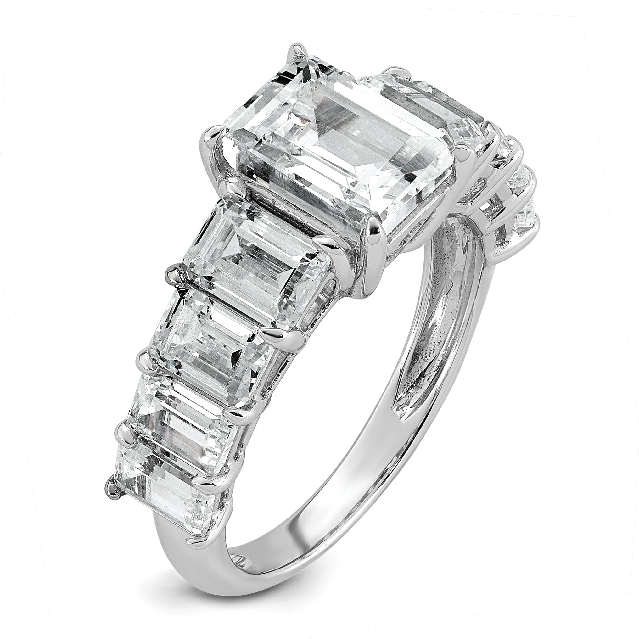 14k White Gold 5 carat Lab Grown Diamond VS+ F+ Emerald Complete Shared Prong Engagement Ring