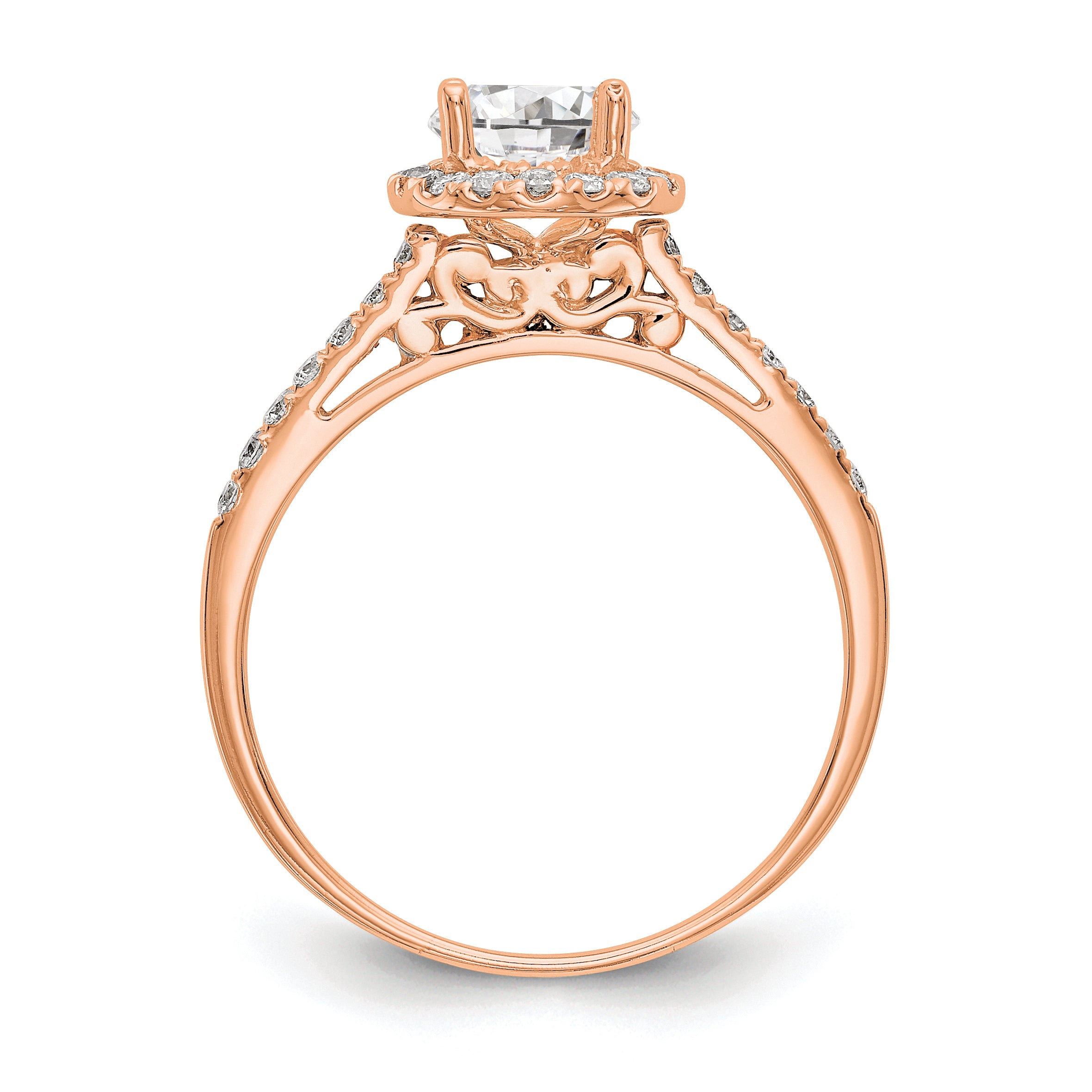 14K Rose Gold Lab Grown VS/SI+ G+ Dia Round Halo Semi-mount Eng Ring