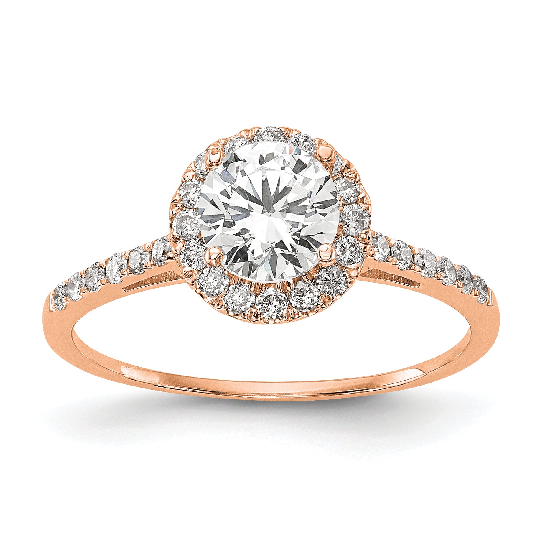 14K Rose Gold Lab Grown VS/SI+ G+ Dia Round Halo Semi-mount Eng Ring