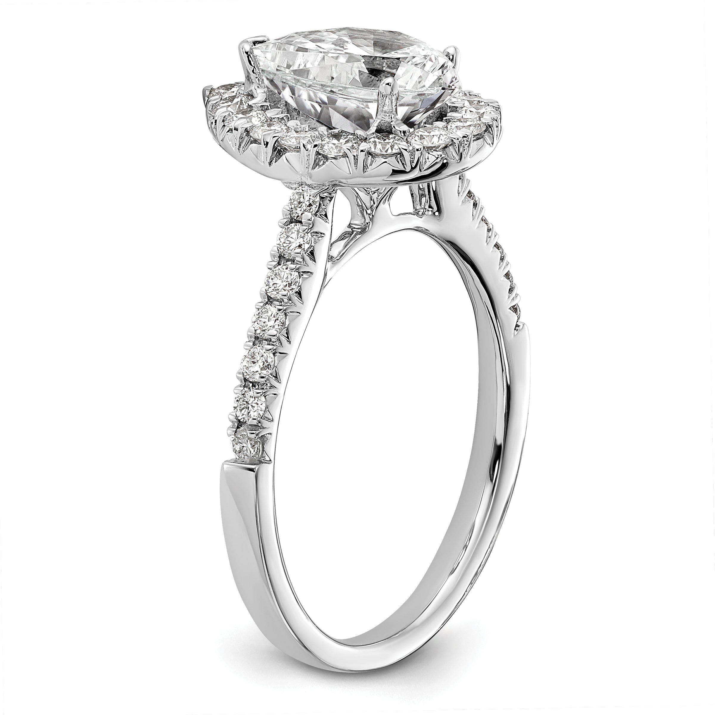 14k White Gold 5/8 carat Lab Grown Diamond VS/SI+ G+ 1 1/2 carat Center Pear Semi Mount Halo Engagement Ring