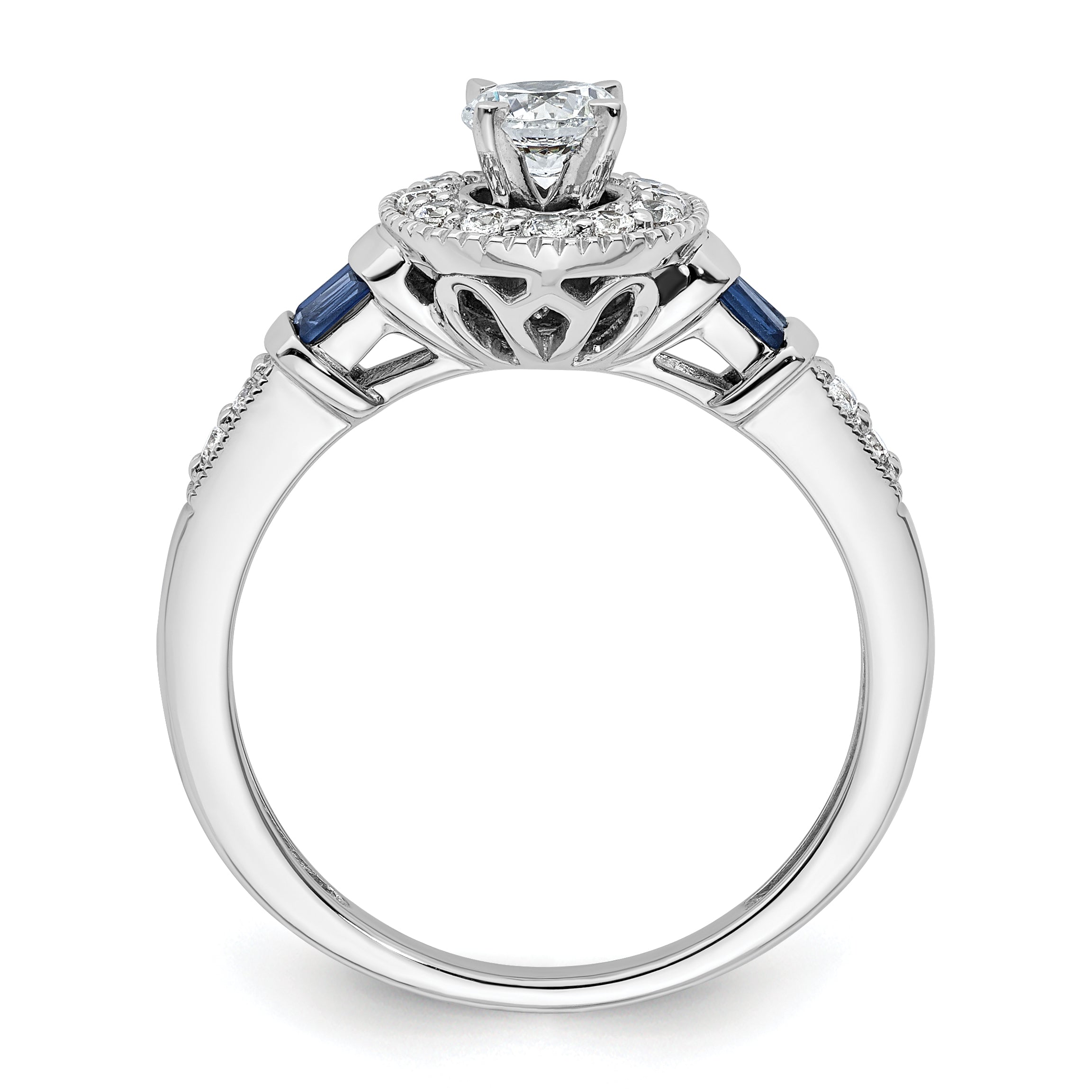 14k White Gold 1/2 carat Lab Grown Diamond VS/SI+ G+ and Created Sapphire Complete Round Halo Engagement Ring