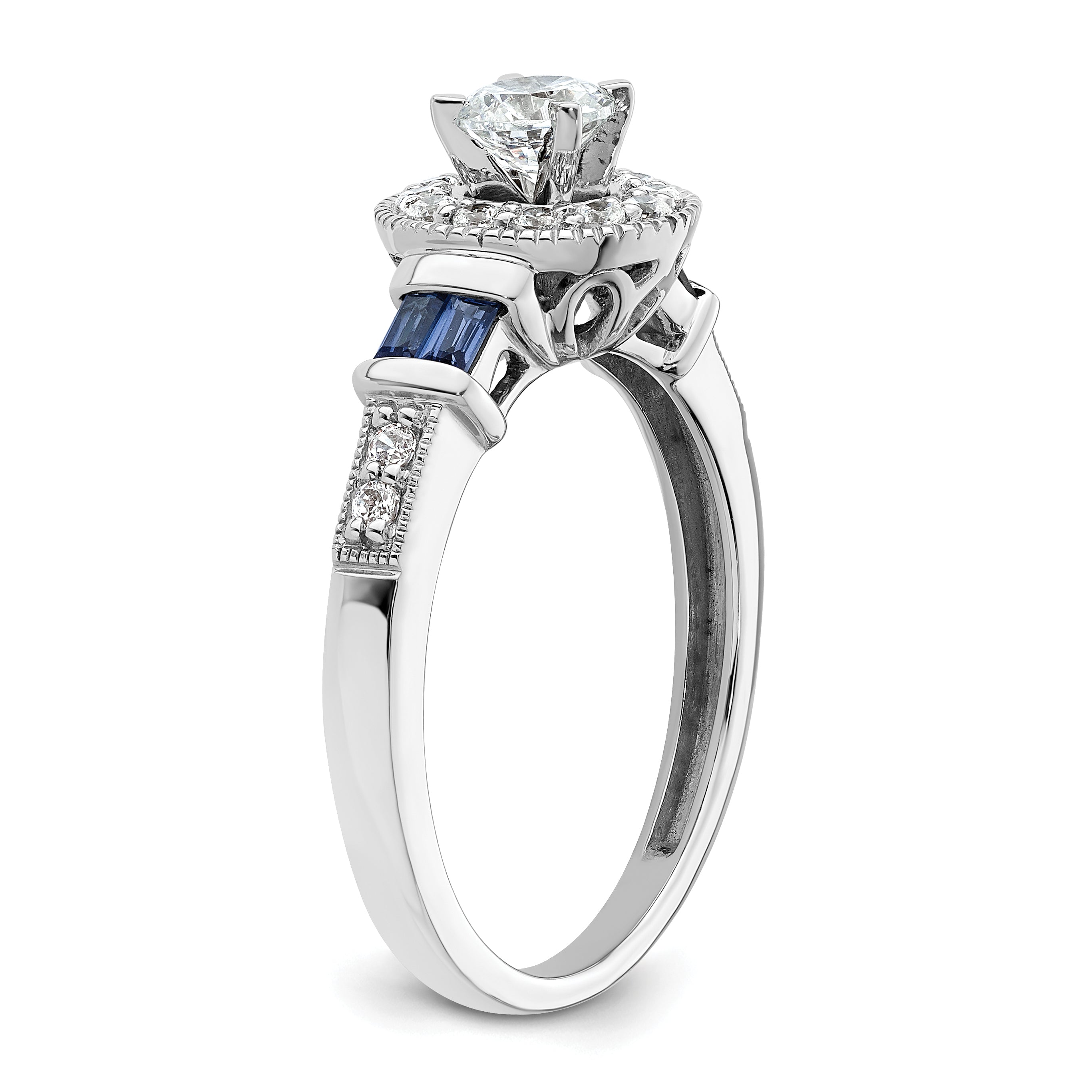 14k White Gold 1/2 carat Lab Grown Diamond VS/SI+ G+ and Created Sapphire Complete Round Halo Engagement Ring