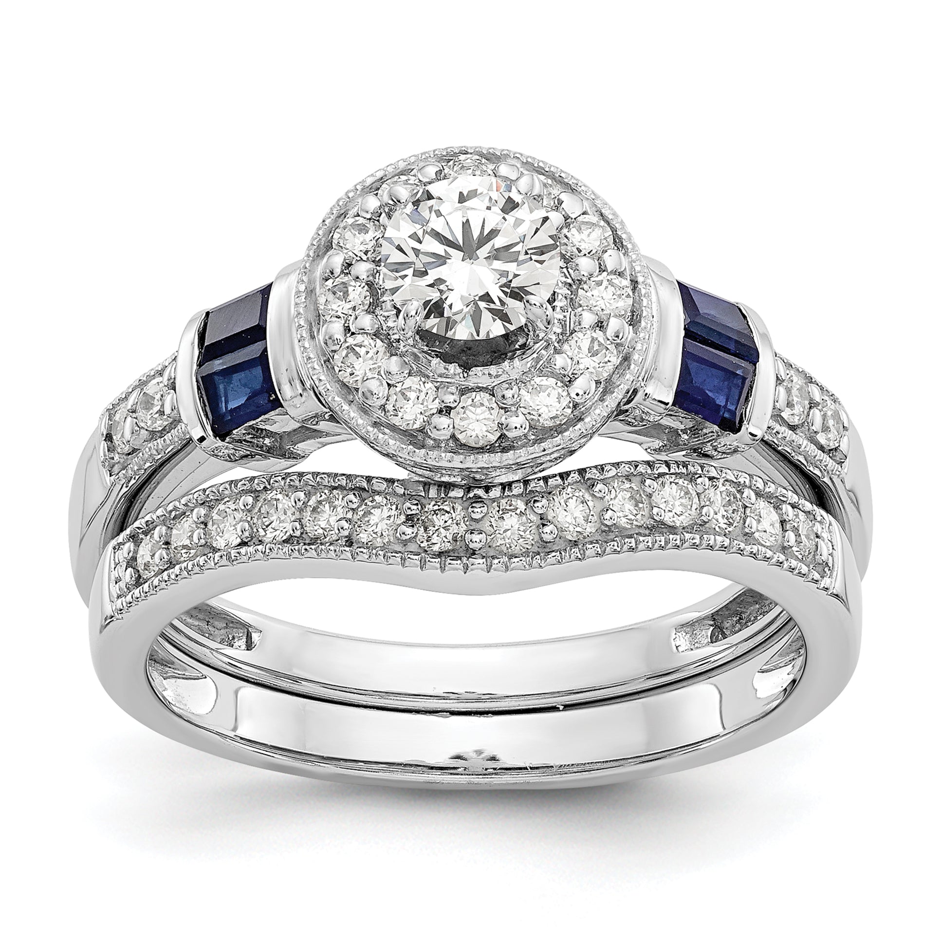 14k White Gold 1/2 carat Lab Grown Diamond VS/SI+ G+ and Created Sapphire Complete Round Halo Engagement Ring