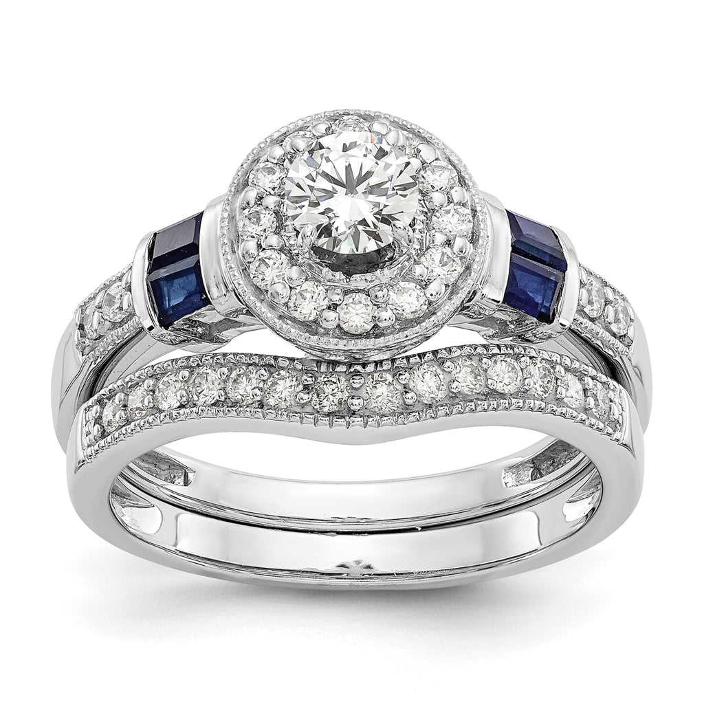 14k White Gold 1/2 carat Lab Grown Diamond VS/SI+ G+ and Created Sapphire Complete Round Halo Engagement Ring