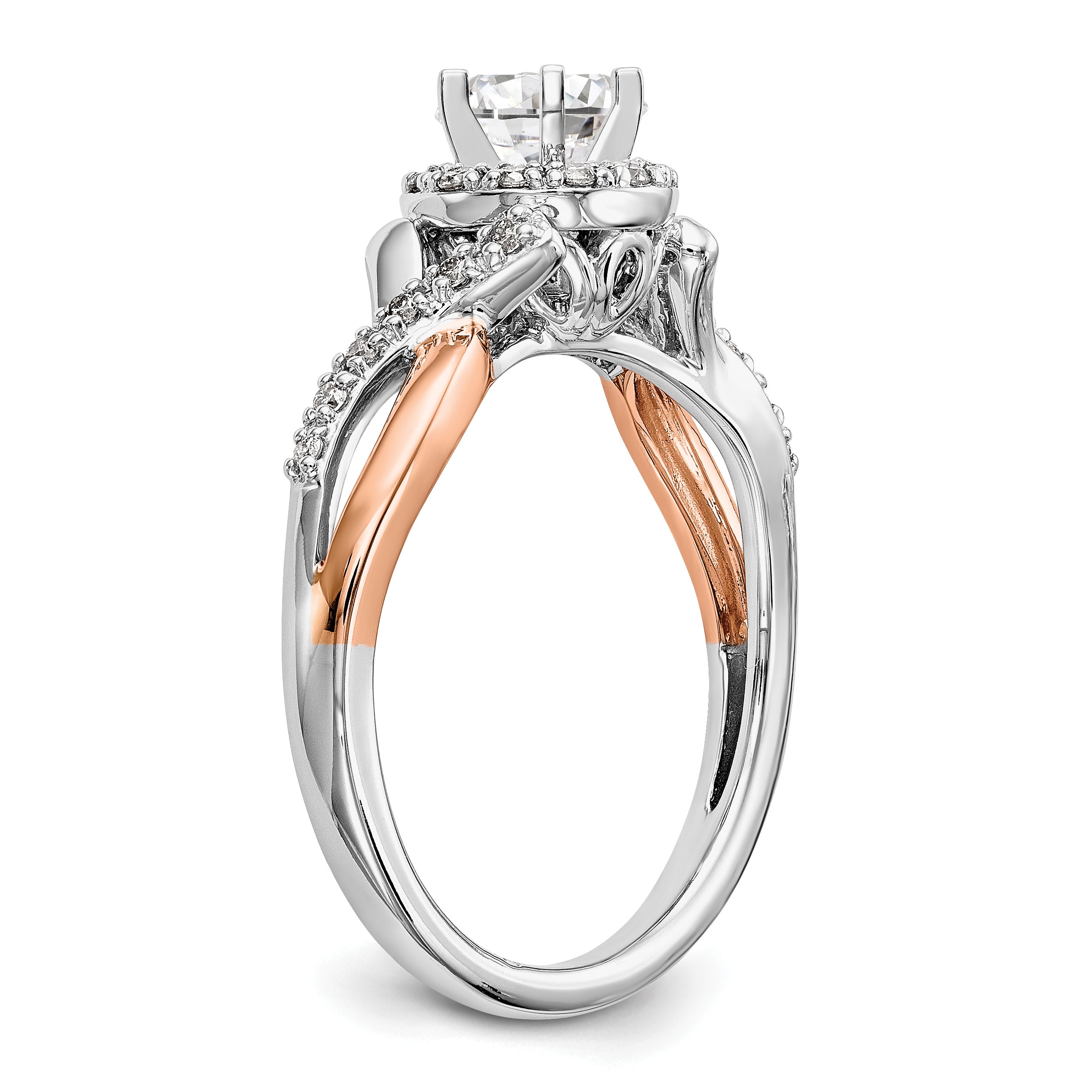 14k Two-Tone Rose and White Gold 1/4 carat Lab Grown Diamond VS/SI+ G+ Halo Semi Mount Peg Set Engagement Ring
