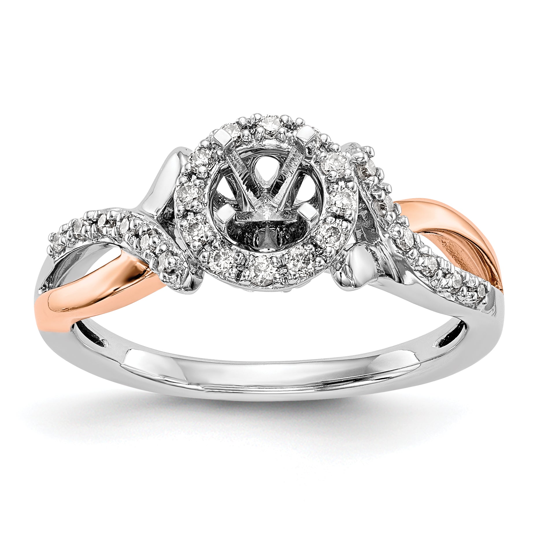 14k Two-Tone Rose and White Gold 1/4 carat Lab Grown Diamond VS/SI+ G+ Halo Semi Mount Peg Set Engagement Ring