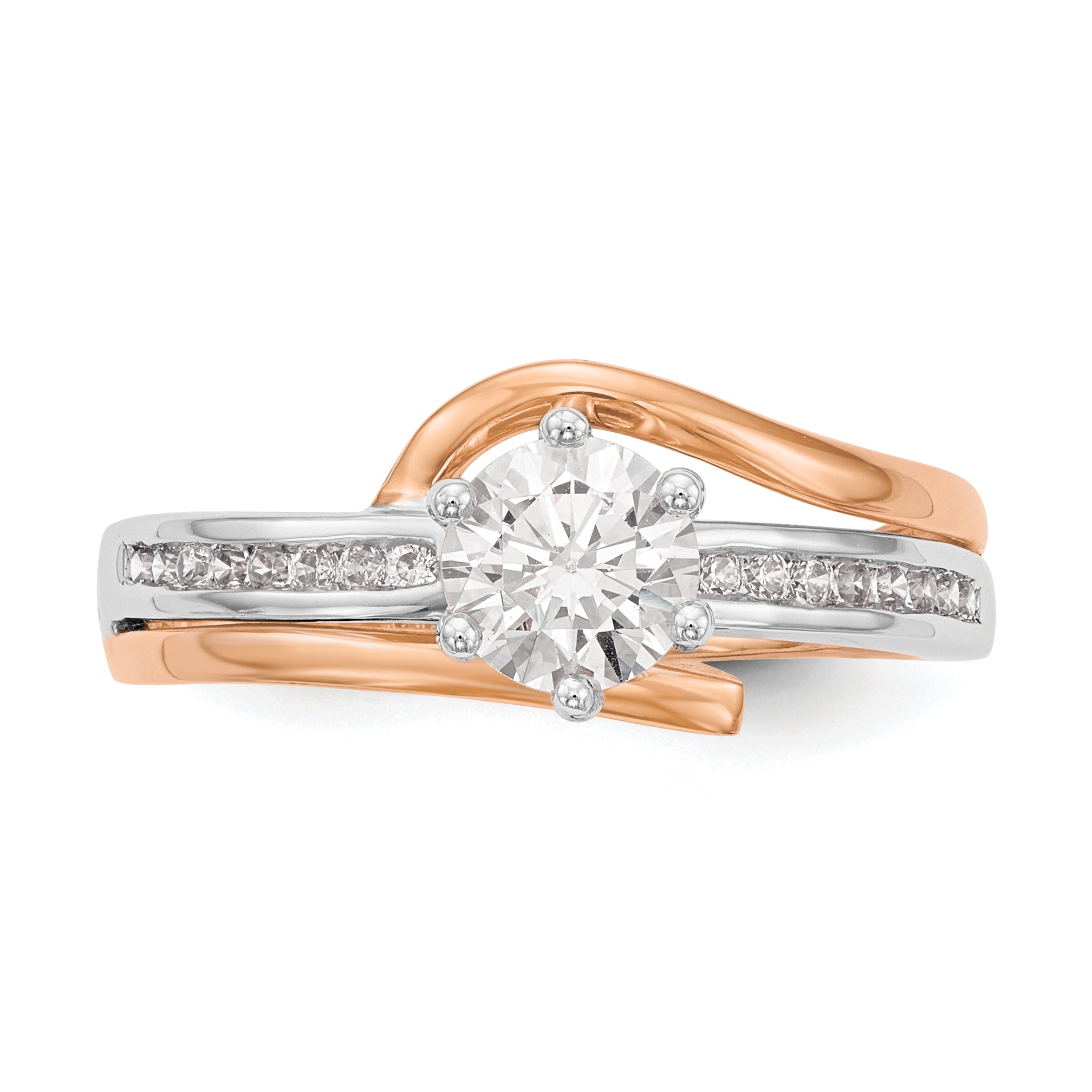 14k Two-Tone Rose and White Gold 7/8 carat Lab Grown Diamond VS/SI Semi Mount By-Pass Peg Set Engagement Ring