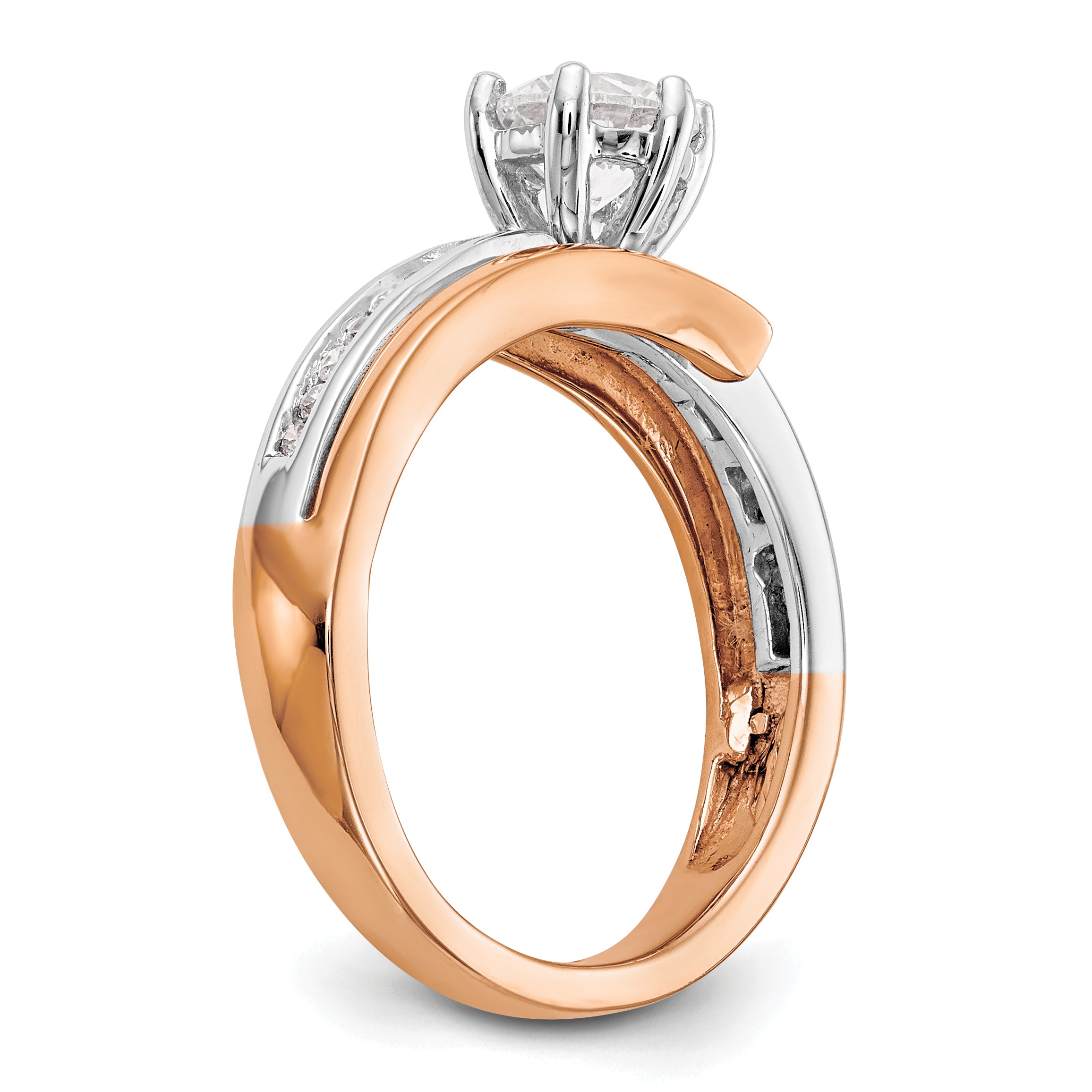 14k Two-Tone Rose and White Gold 7/8 carat Lab Grown Diamond VS/SI Semi Mount By-Pass Peg Set Engagement Ring