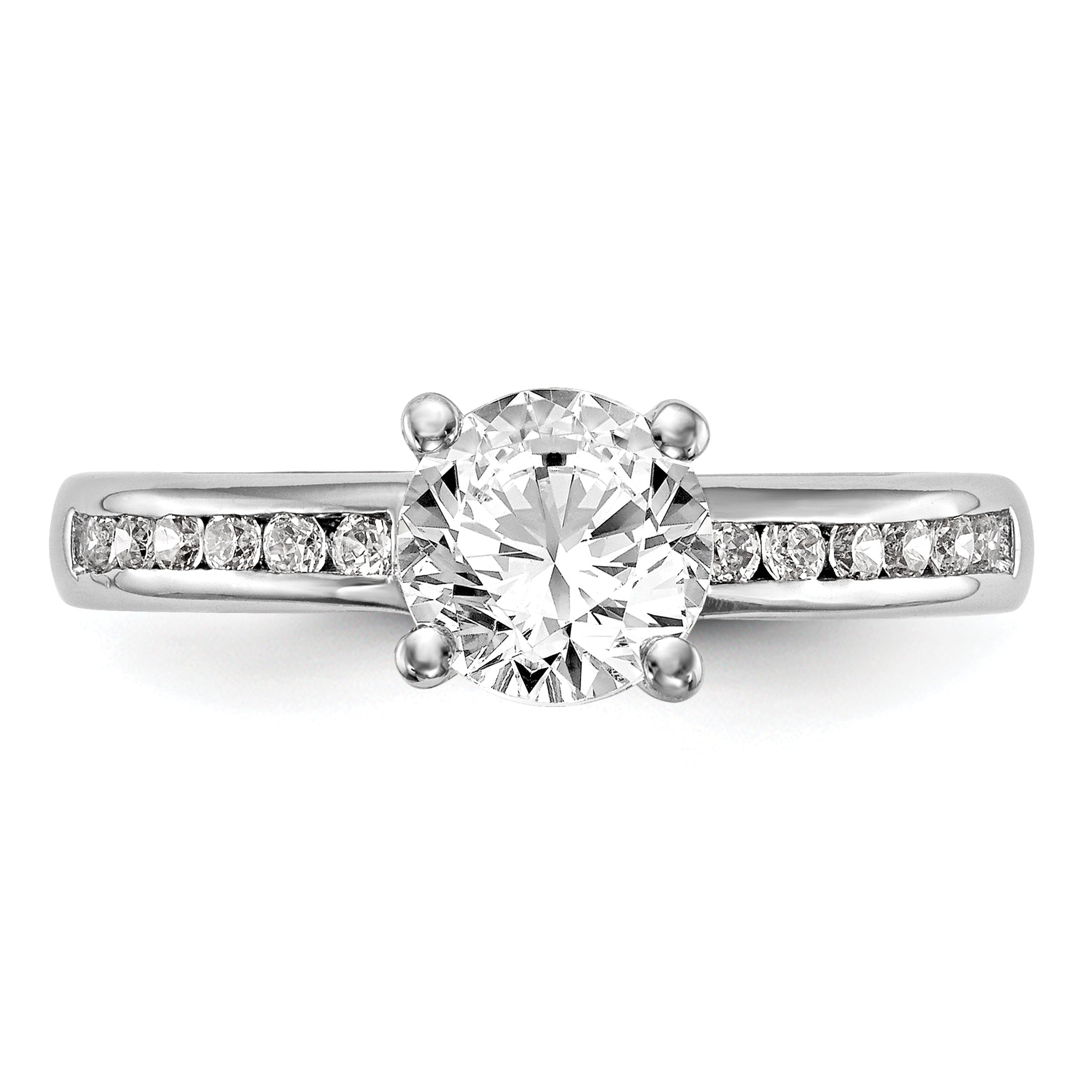 14k White Gold 1/4 carat Lab Grown Diamond VS/SI+ G+ 1 carat Center Round Semi Mount Channel Set Shared Prong Engagement Ring