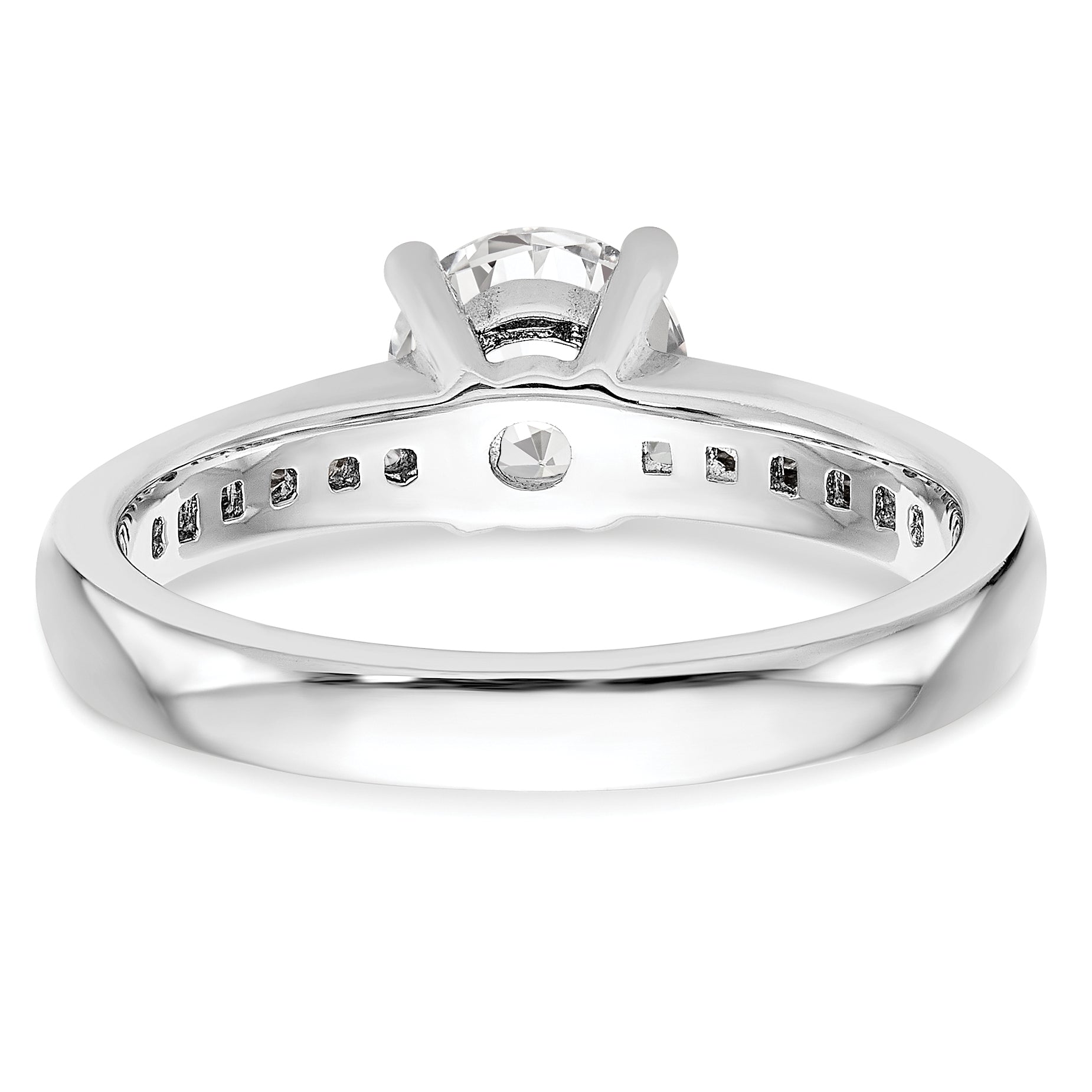 14k White Gold 1/4 carat Lab Grown Diamond VS/SI+ G+ 1 carat Center Round Semi Mount Channel Set Shared Prong Engagement Ring